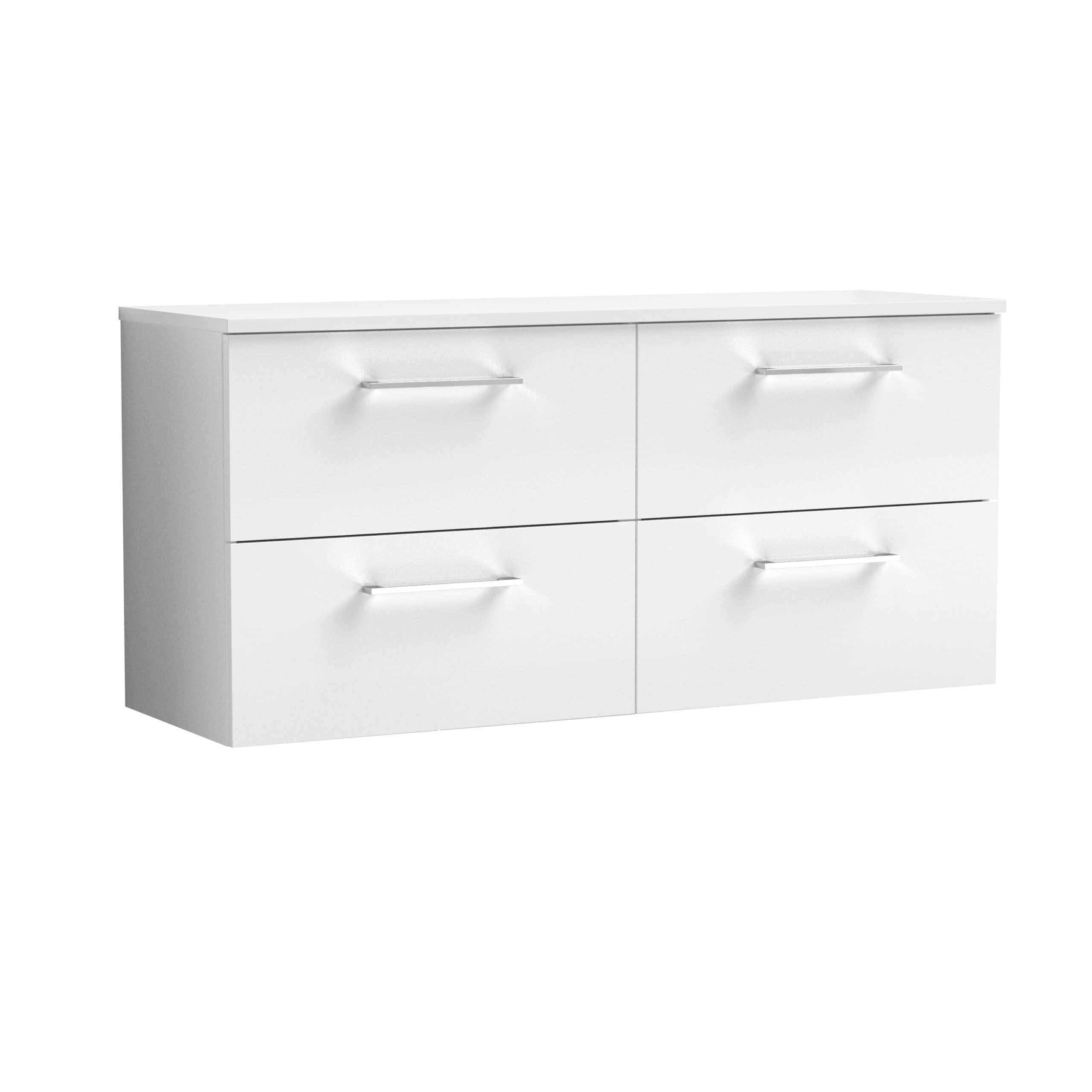 Sleek white bathroom storage cabinet with four spacious drawers, modern silver handles, ideal for organising bathroom essentials, and complementing contemporary bathroom decor, from Bubly Bathrooms.