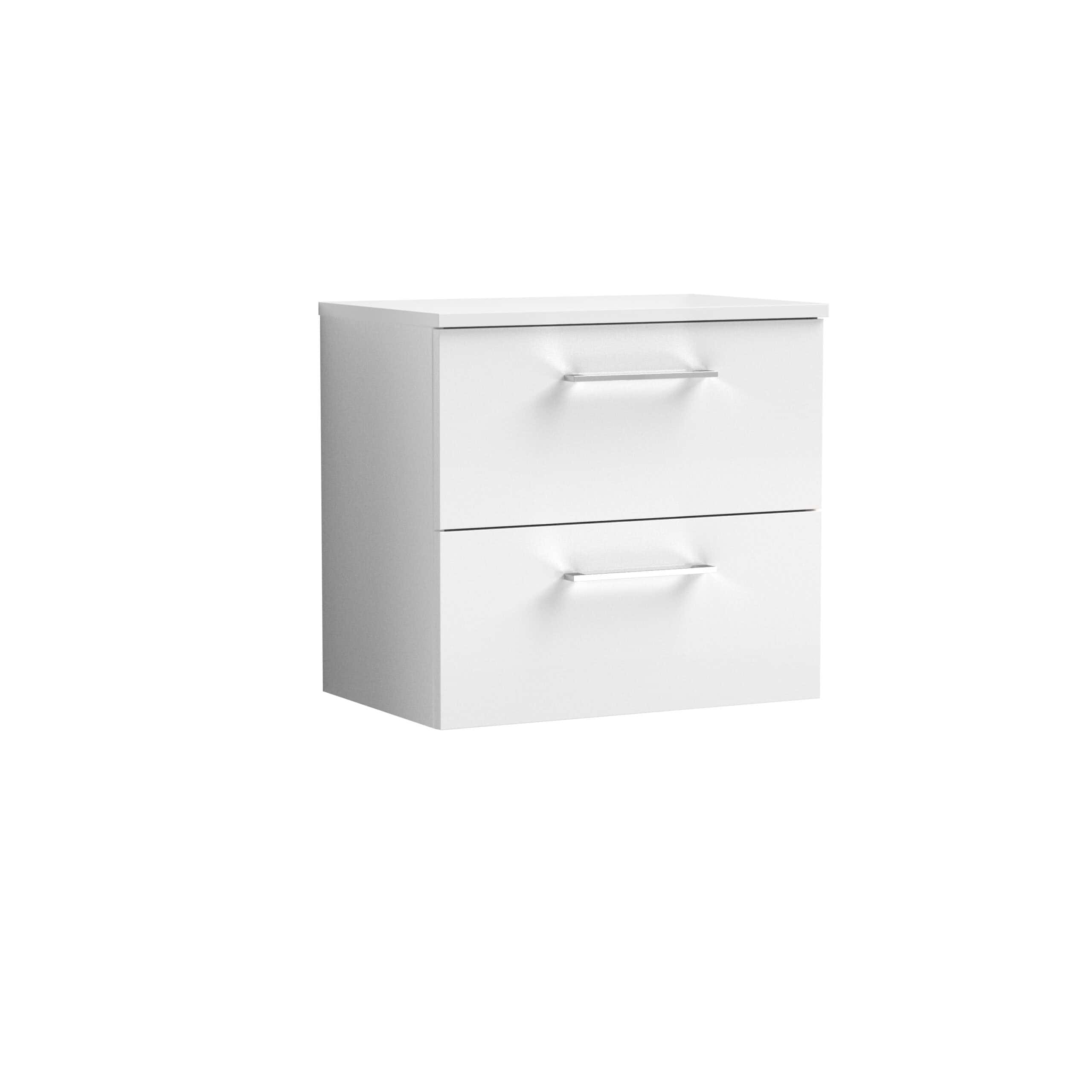 Modern white bathroom cabinet with two drawers, sleek silver handles, minimalist design, ideal for bathroom storage, hygienic and stylish, perfect for contemporary bathrooms.