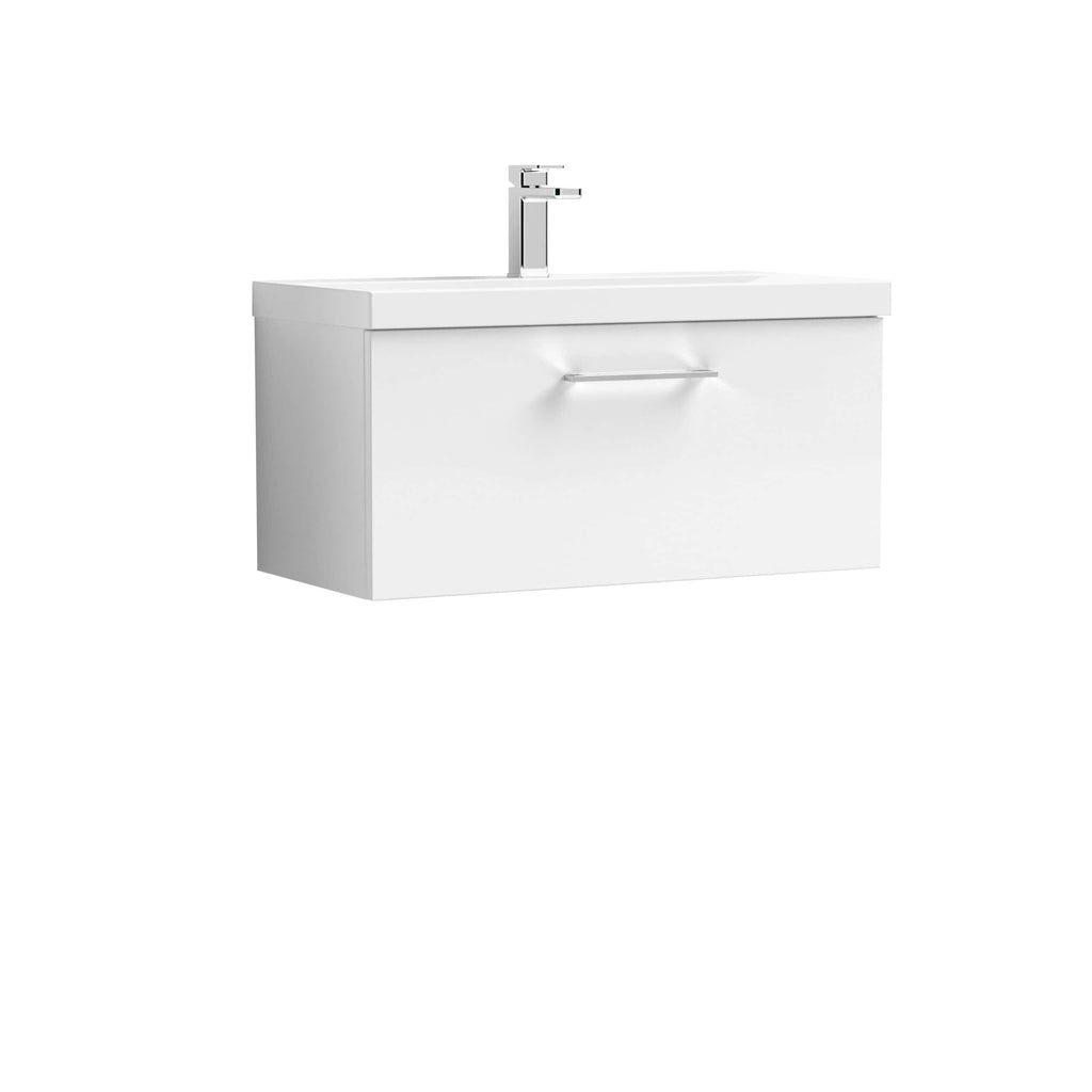 Minimalist white bathroom vanity with integrated sink and modern chrome faucet, designed for contemporary bathroom interiors and storage needs.