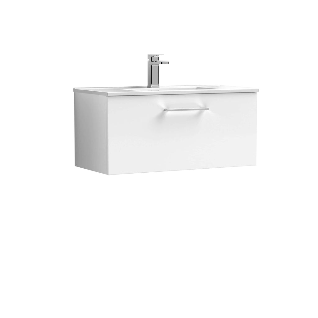 Modern white bathroom vanity with integrated sink and chrome faucet, ideal for contemporary bathroom remodels and storage solutions.