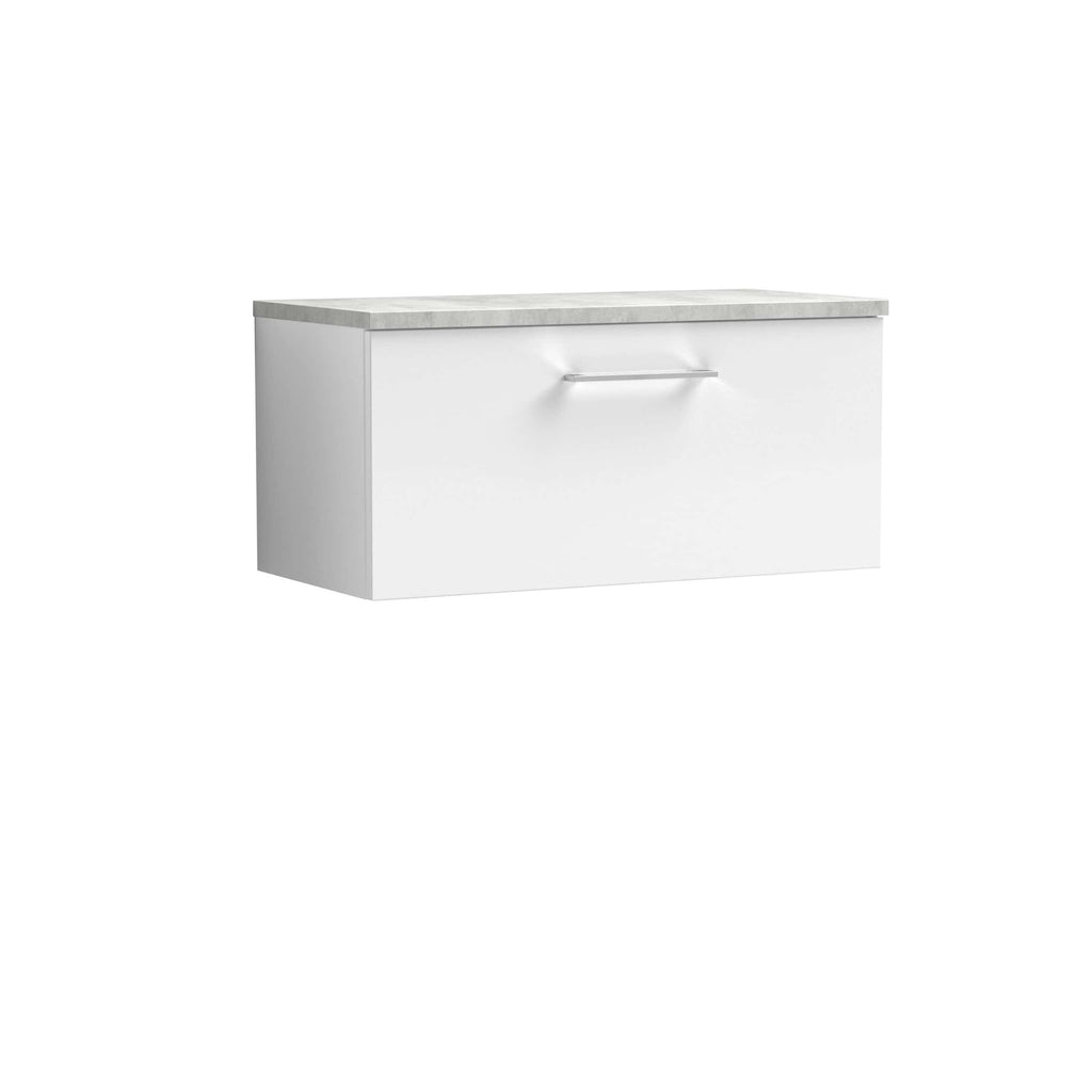 Sleek white bathroom vanity unit with a light grey marble top, ideal for modern bathroom storage solutions and minimalist decor. Features a handleless drawer for a clean look.