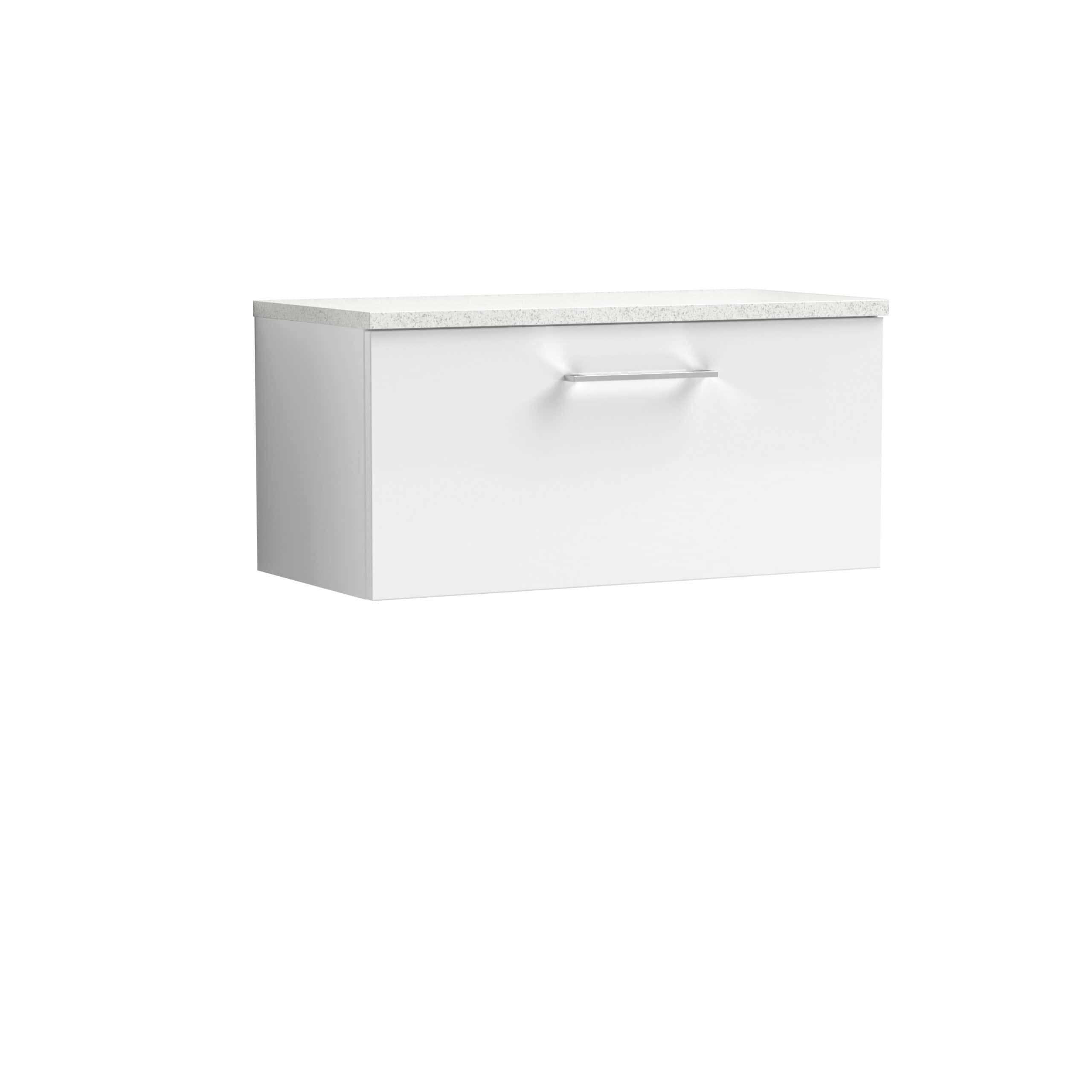 Sleek white bathroom cabinet with a modern handle and smooth finish, ideal for contemporary bathroom storage and organisation, featuring a durable countertop for practicality.