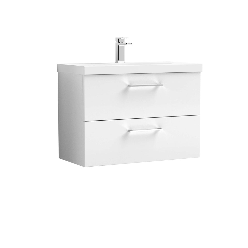 Sleek white bathroom vanity with integrated sink and modern chrome tap, ideal for contemporary bathroom design and storage solutions.