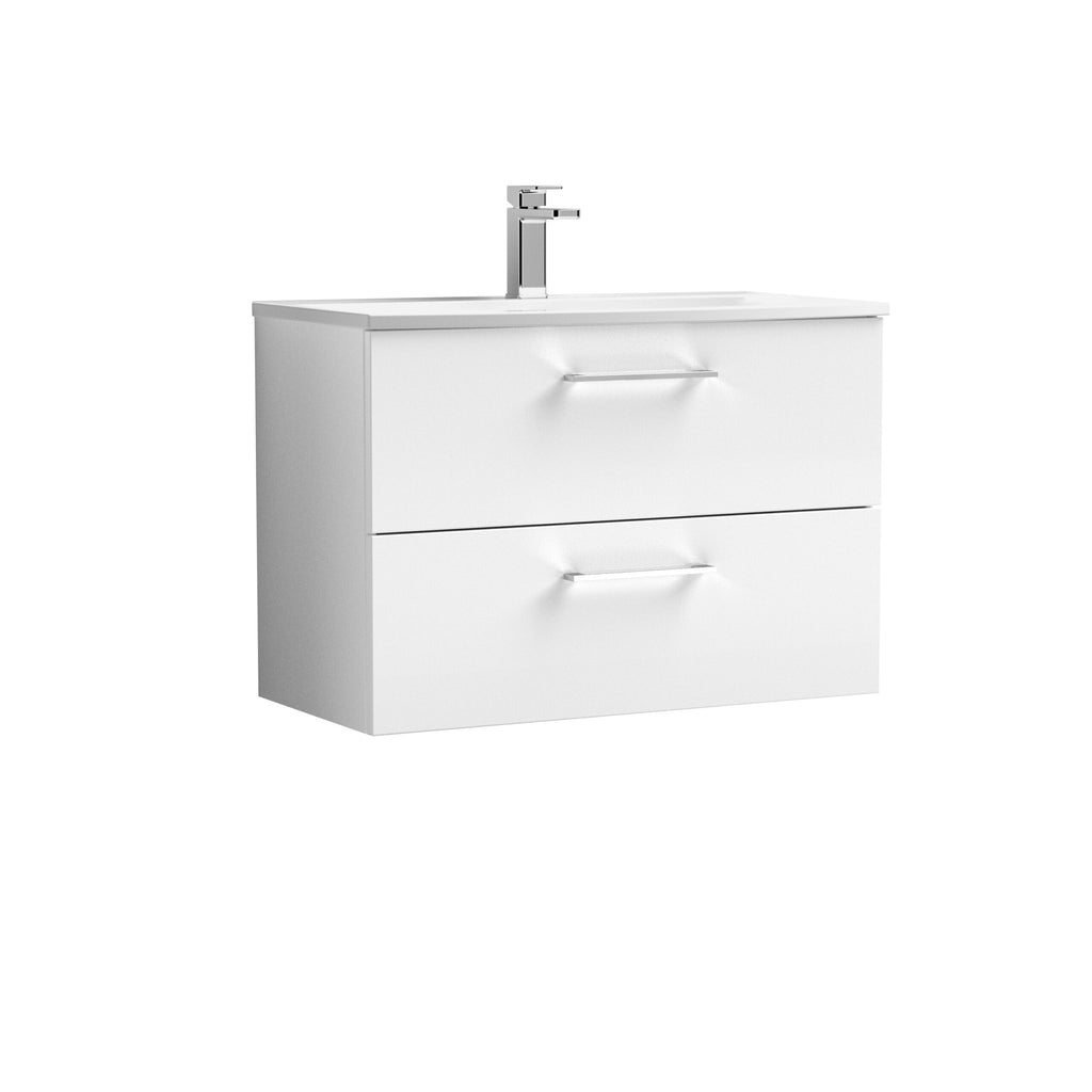 Modern white bathroom vanity unit with integrated basin and sleek chrome tap, perfect for contemporary bathrooms.