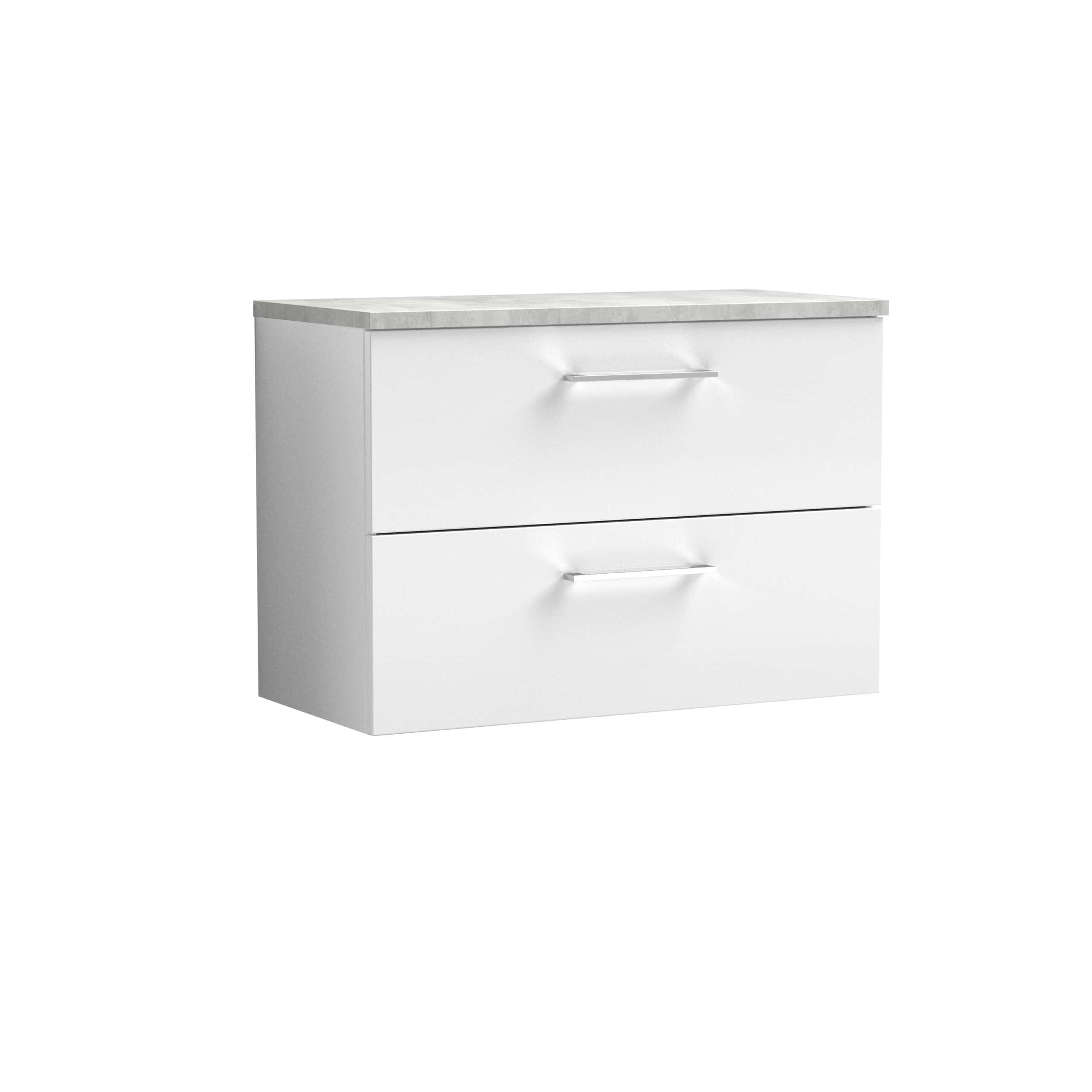 Modern white bathroom vanity with sleek two-drawer design and marble top, ideal for contemporary bathrooms and storage. Perfect for bathroom renovations and space optimisation.