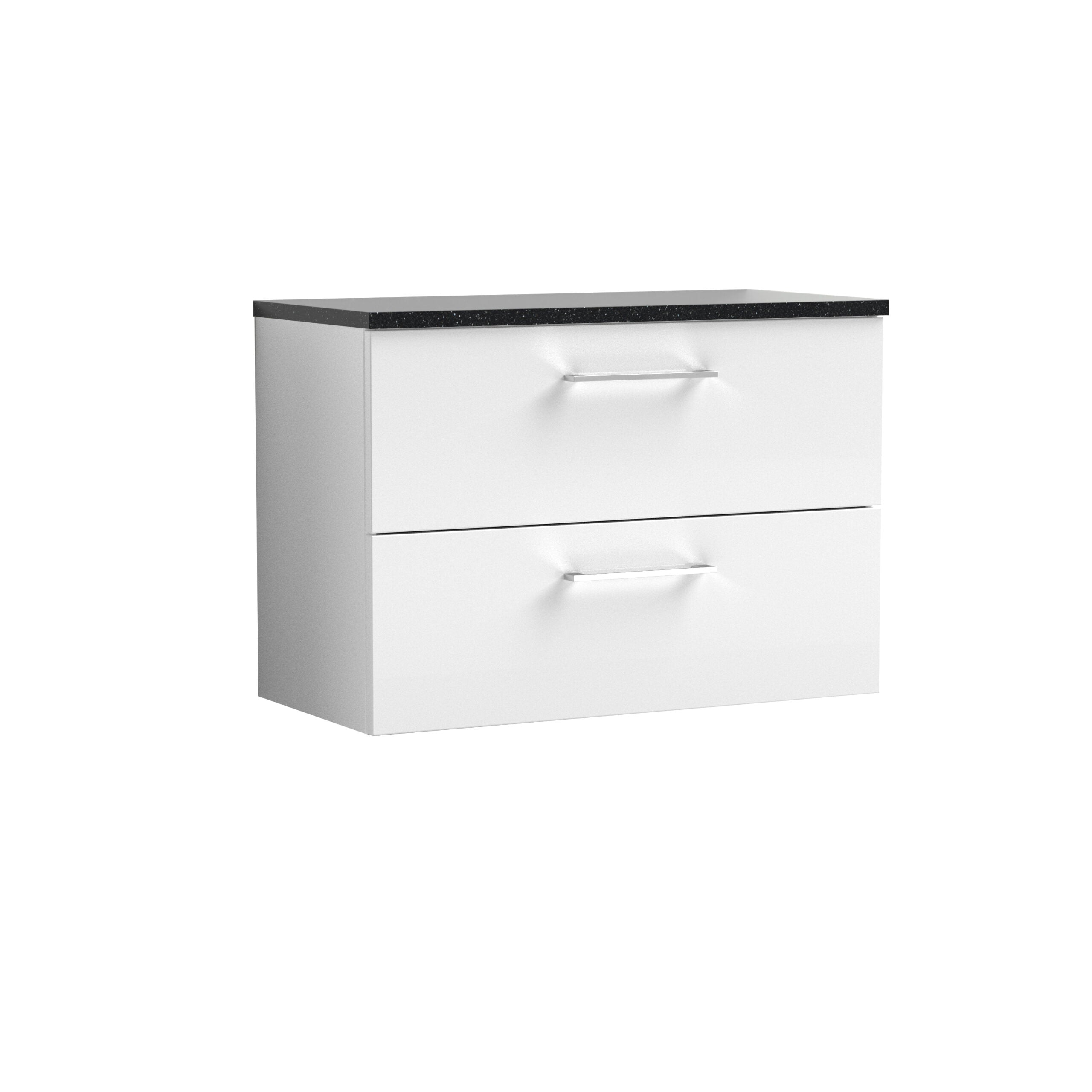 Modern white bathroom vanity with black granite countertop and two spacious drawers, perfect for contemporary bathroom storage and style.