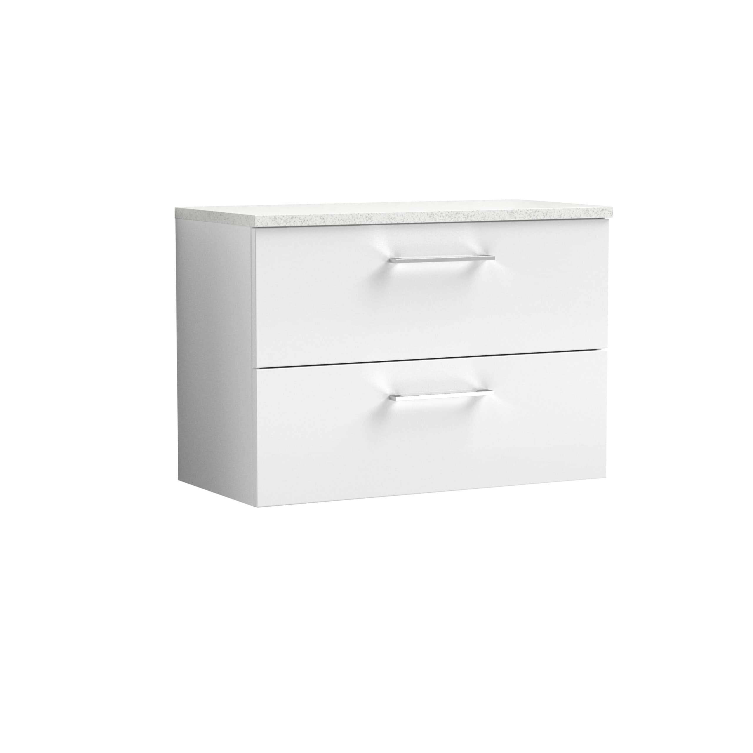 Simple white bathroom vanity unit with two spacious drawers and a durable stone-effect countertop, perfect for modern bathroom storage and organisation.