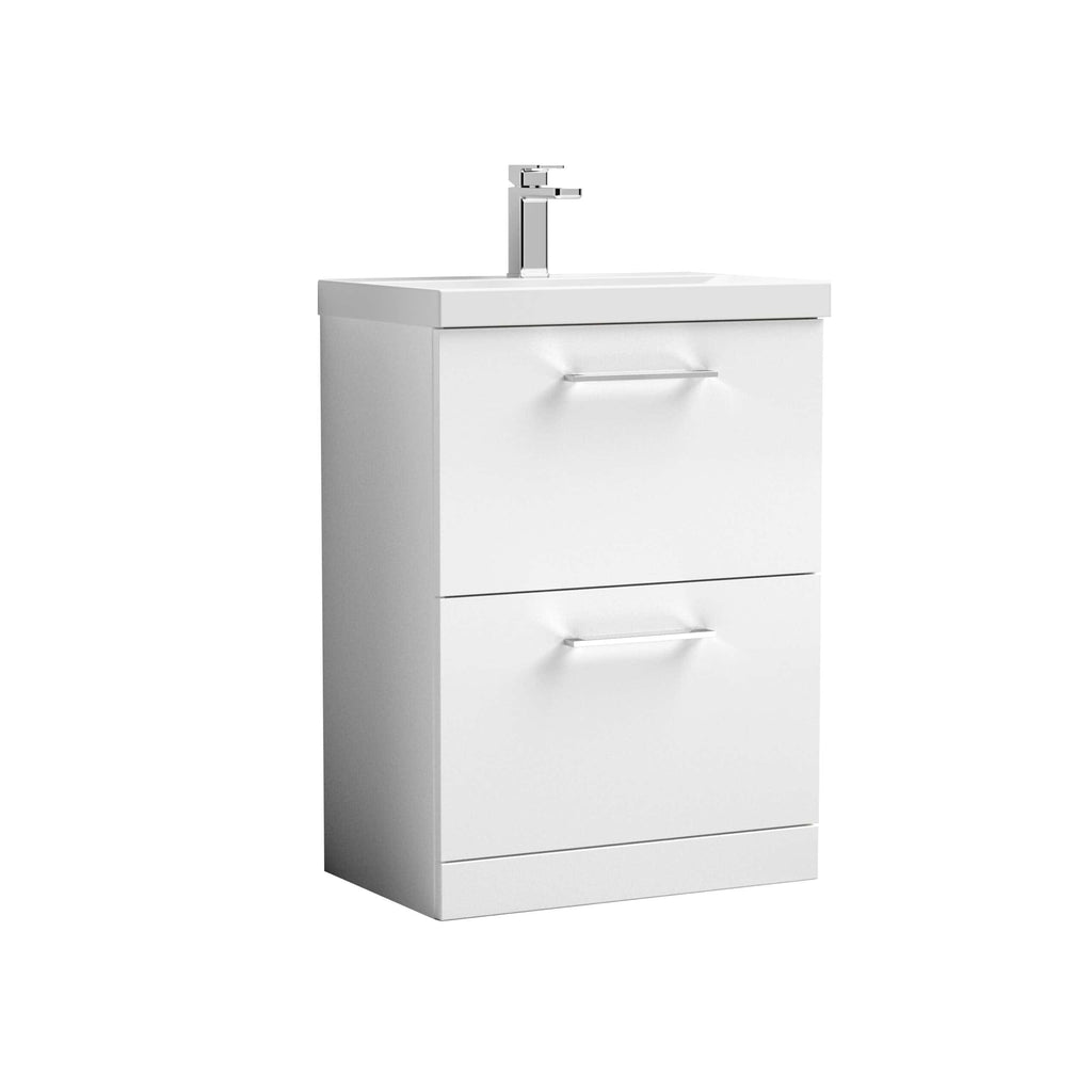 White modern bathroom vanity with built-in sink and sleek chrome handles, ideal for contemporary bathroom renovations and storage solutions.