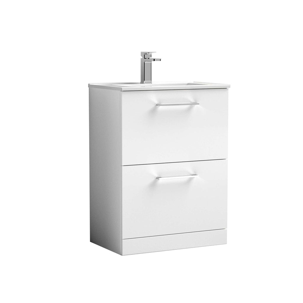 Sleek white bathroom vanity with integrated sink and modern chrome faucet, ideal for contemporary bathrooms, providing stylish storage and durable design.