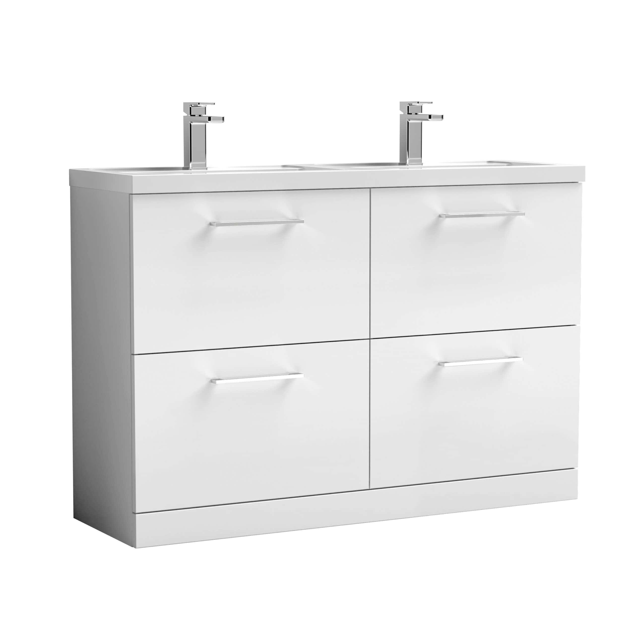 Contemporary white bathroom vanity with two sinks and chrome fixtures, ideal for modern bathrooms. Perfect for bathroom storage, featuring sleek design and functional drawers for organisation.