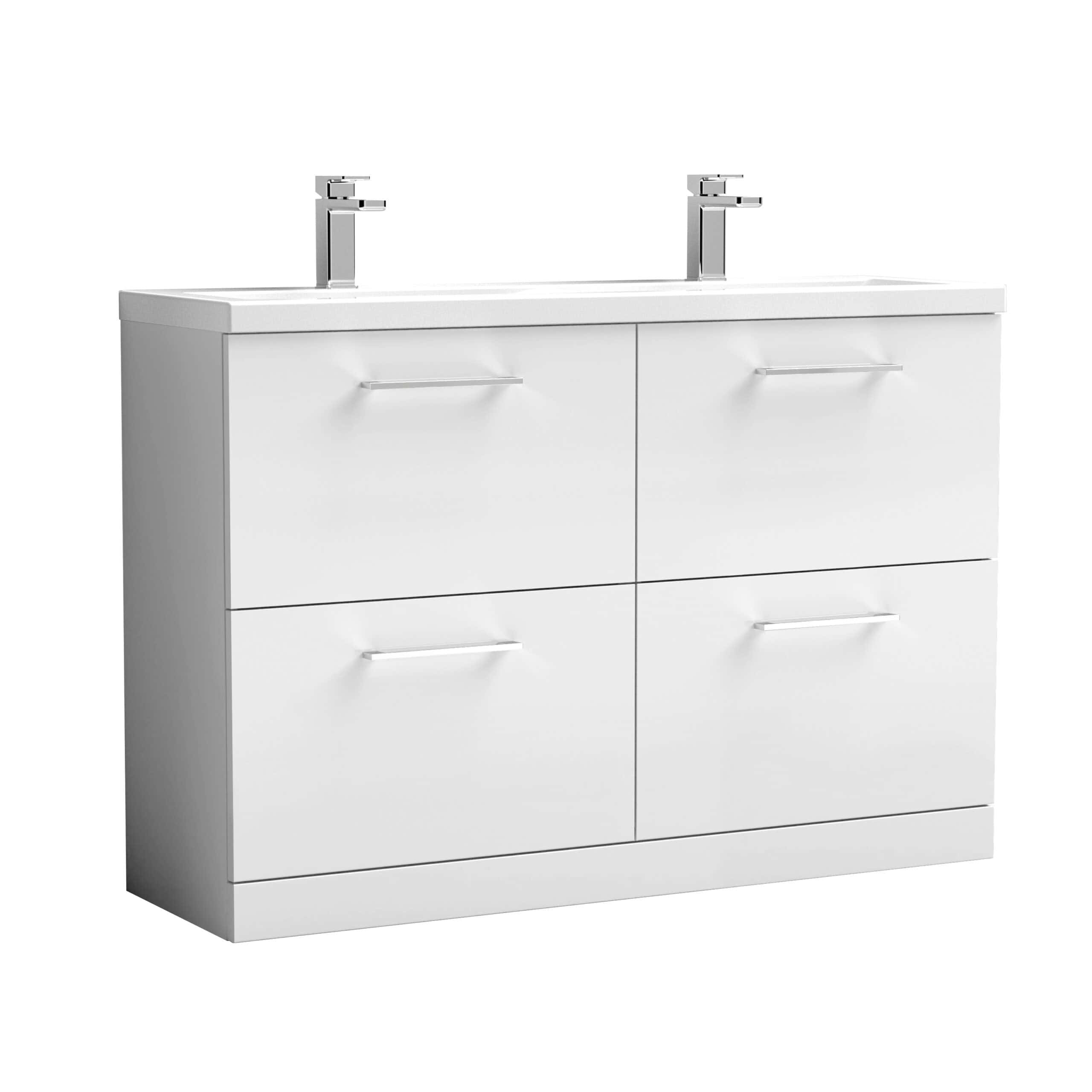 Contemporary white double bathroom vanity unit with dual sinks and chrome taps, ideal for modern bathrooms, offering ample storage with four drawers for toiletries and accessories.