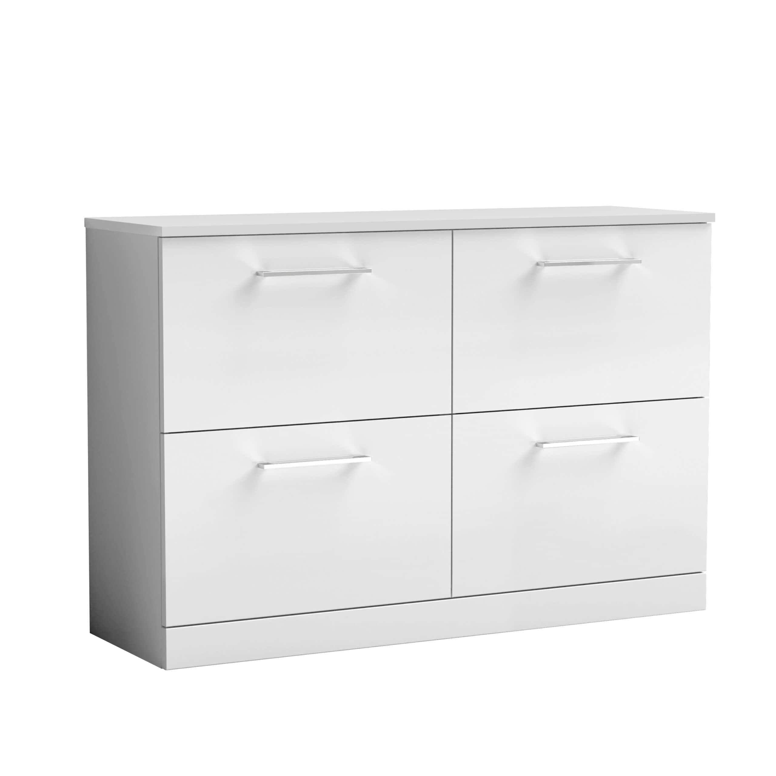 Sleek white bathroom cabinet with four drawers, modern handles, and minimalist design for organised bathroom storage. Perfect for contemporary bathrooms seeking stylish and functional furniture.