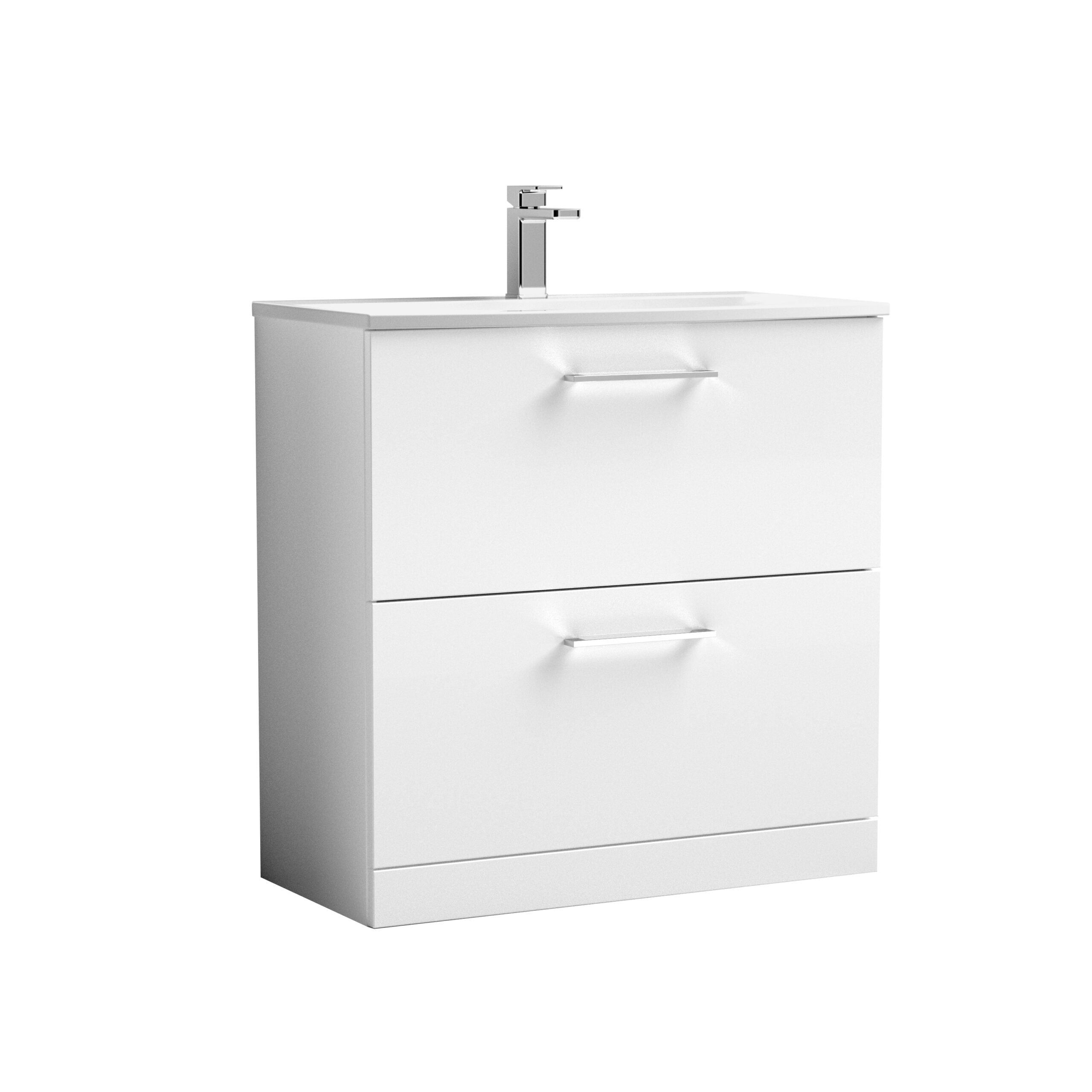 Modern white bathroom vanity unit with integrated sink and chrome faucet, ideal for contemporary bathroom designs. Perfect storage solution with sleek handles and clean lines.