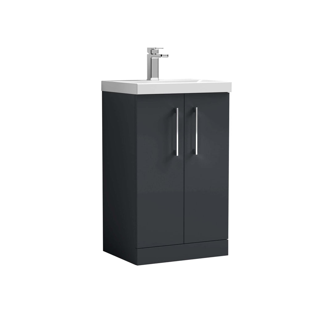 Modern black bathroom vanity unit with a white ceramic sink and chrome tap, ideal for contemporary bathroom designs.