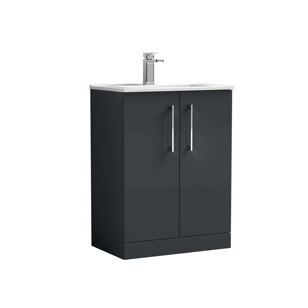 Black bathroom vanity with integrated sink and modern chrome faucet, suitable for contemporary bathroom designs. Perfect for stylish and functional bathroom storage solutions.