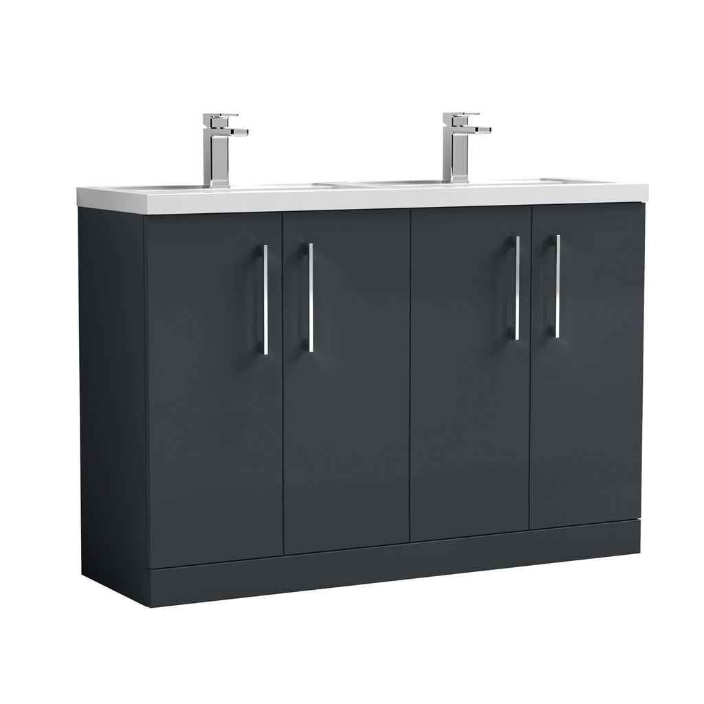 Sleek dark grey bathroom vanity with dual sinks, modern chrome handles, and a white countertop, perfect for contemporary bathroom designs and efficient space utilisation.