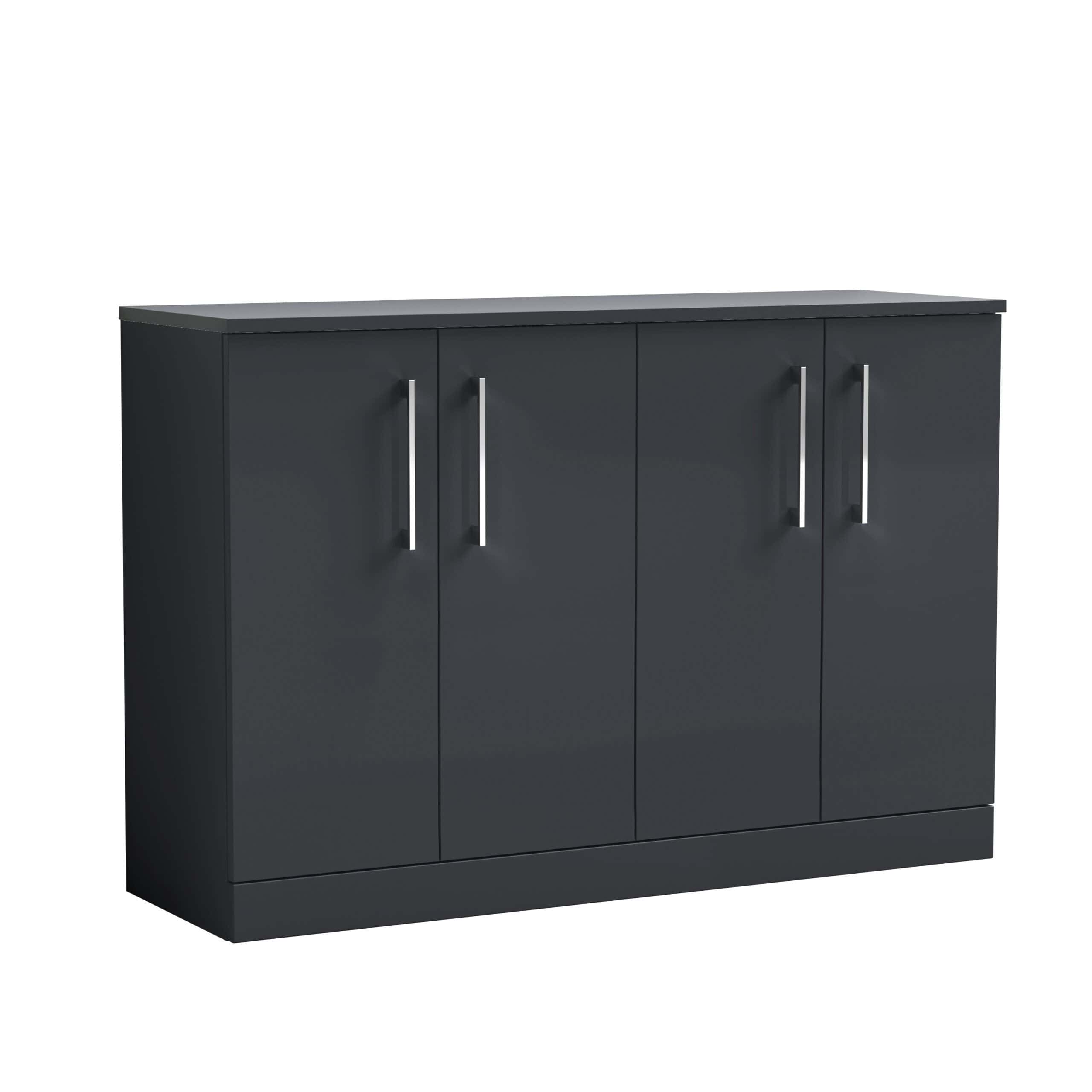 Sleek dark grey bathroom storage cabinet with four doors and modern metal handles, ideal for organising toiletries and bathroom essentials, perfect for contemporary bathroom designs.