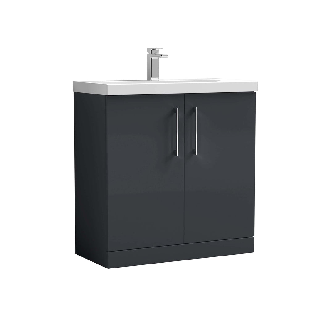 Modern grey bathroom vanity with white countertop and chrome faucet, perfect for contemporary bathroom design.