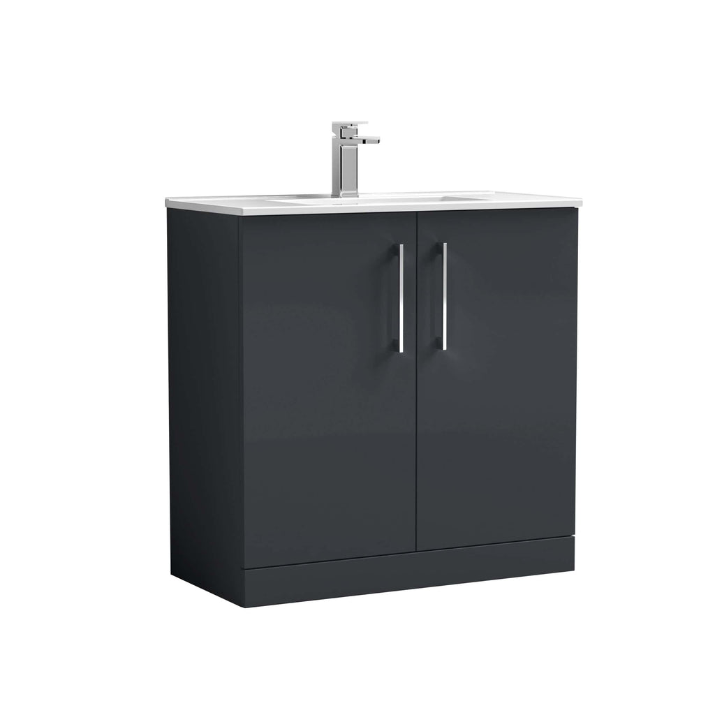 Modern bathroom vanity unit with a sleek dark grey finish, featuring a white countertop and integrated sink, complemented by a chrome tap, ideal for contemporary bathrooms.