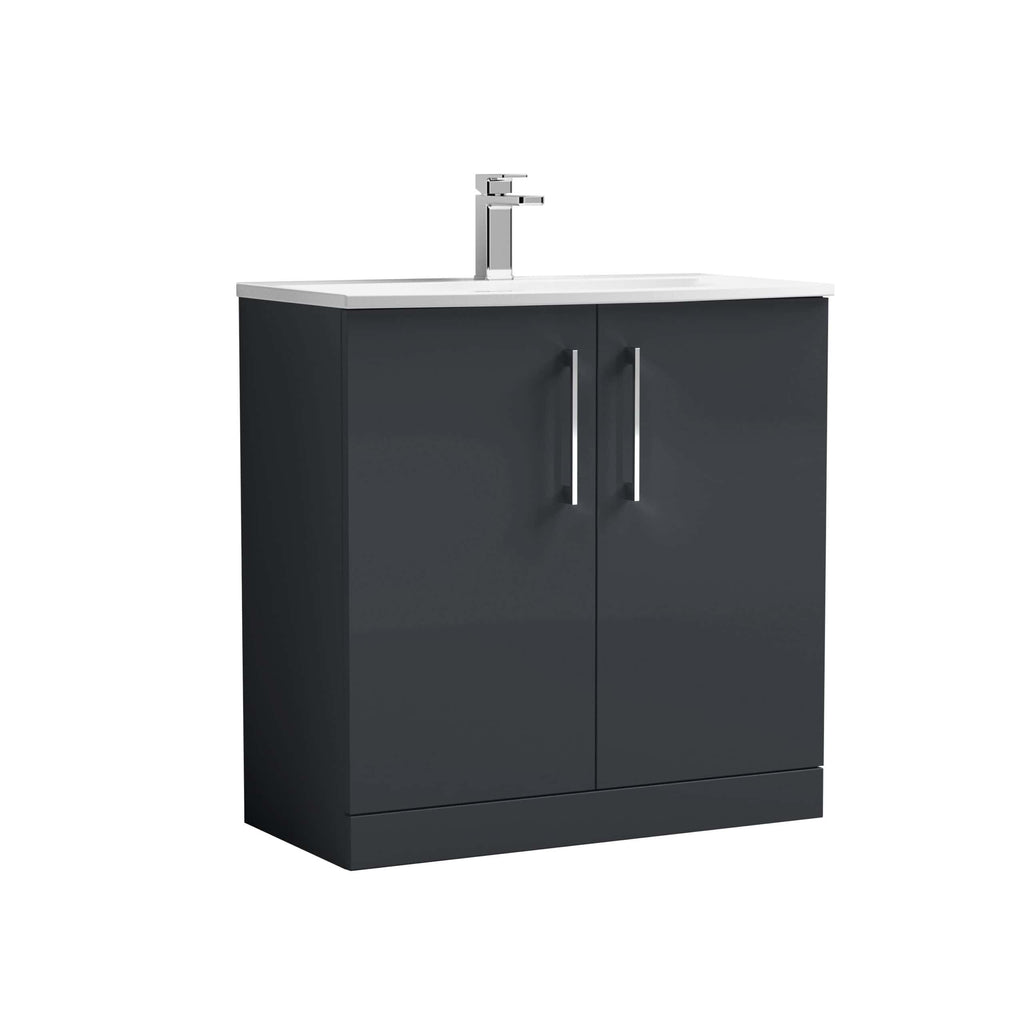 Portable bathroom vanity with grey cabinet and white countertop featuring a sleek chrome tap, ideal for modern bathrooms and maximizing space.