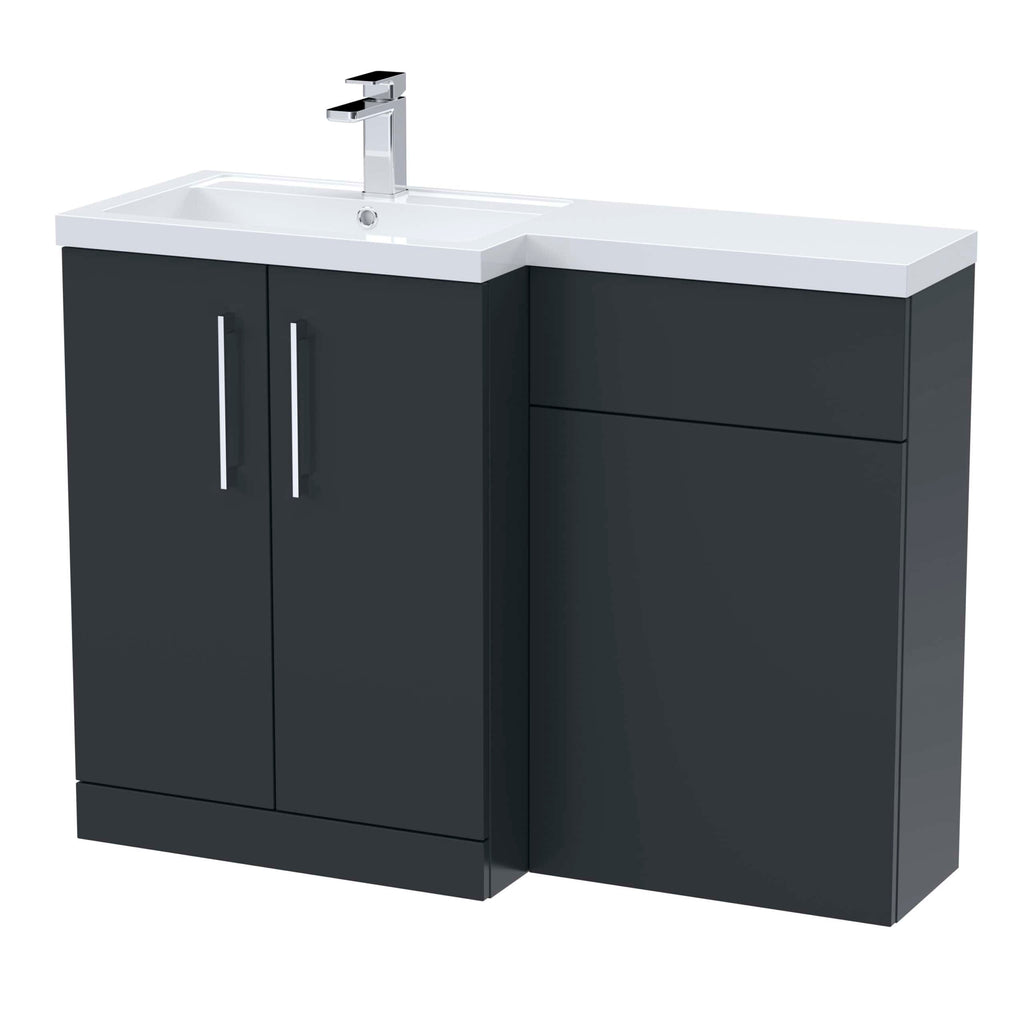 Modern bathroom vanity unit with black finish, integrated sink, and chrome tap, perfect for stylish bathroom storage and organisation.