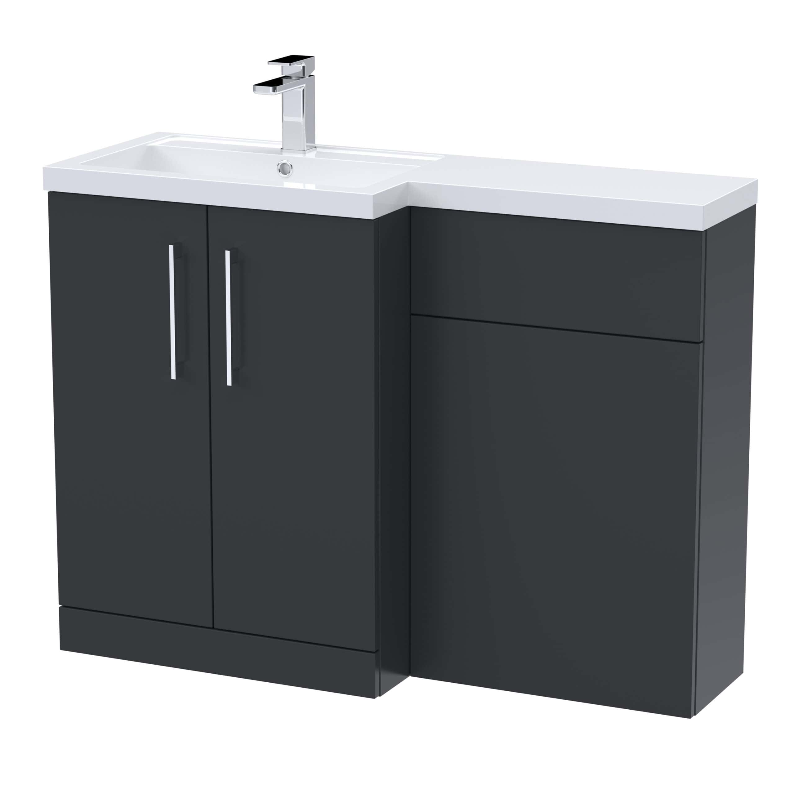 Modern bathroom vanity unit with black finish, integrated sink, and chrome tap, perfect for stylish bathroom storage and organisation.