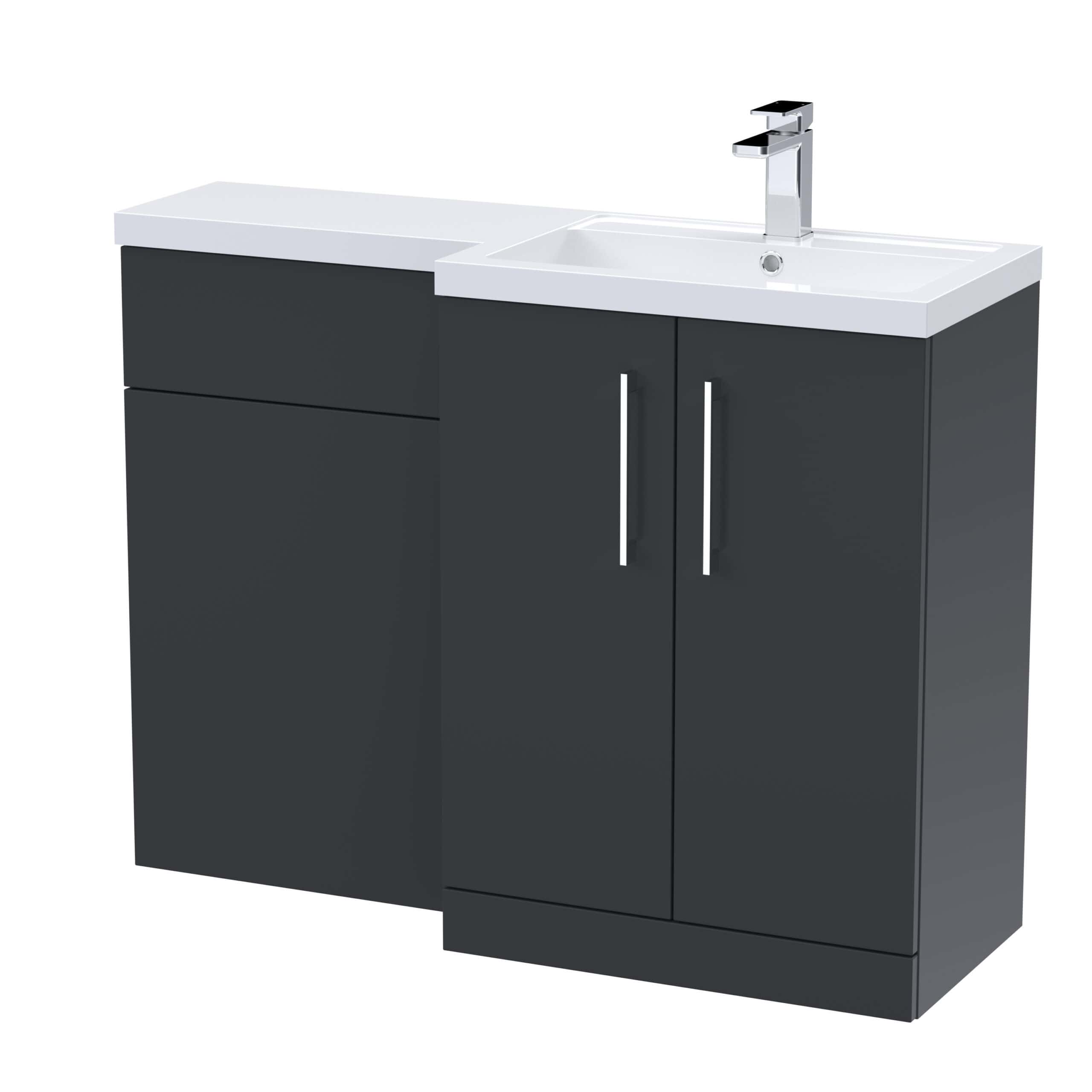 Stainless steel bathroom sink unit with storage cabinet and modern chrome tap, ideal for contemporary bathroom setups.