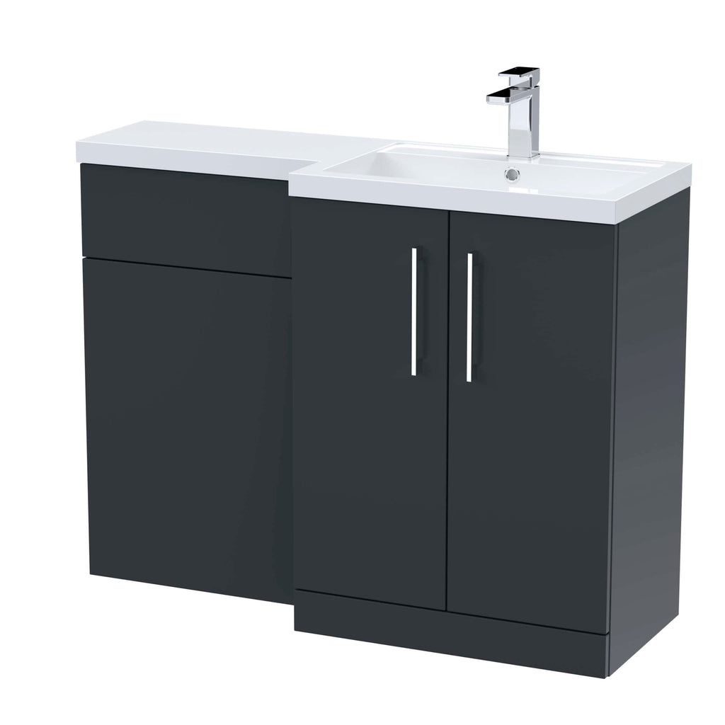 Stainless steel bathroom sink unit with storage cabinet and modern chrome tap, ideal for contemporary bathroom setups.