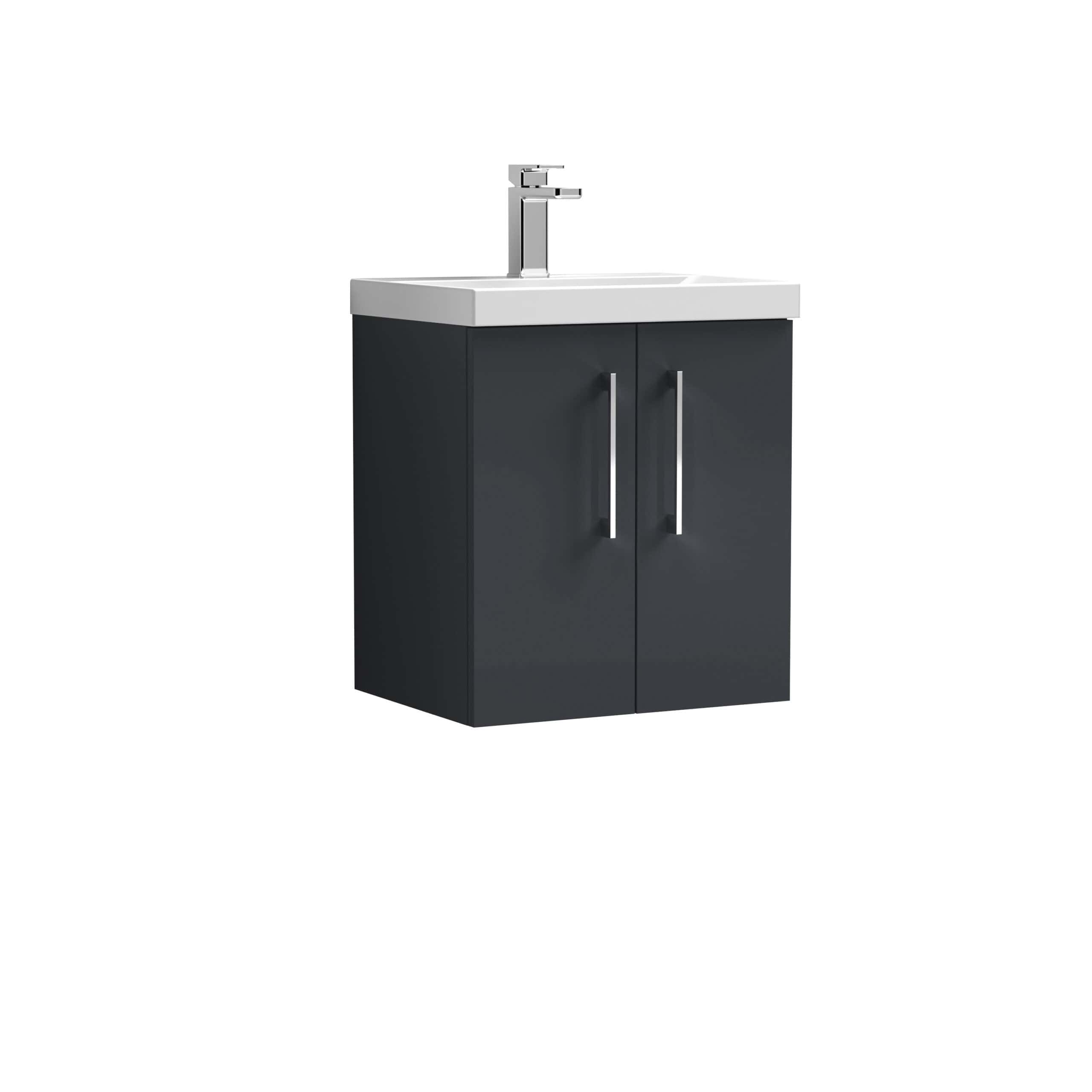 Modern bathroom vanity unit with a white ceramic sink and sleek dark grey cabinet, perfect for contemporary bathrooms. Features clean lines and contemporary hardware for a stylish, functional space.