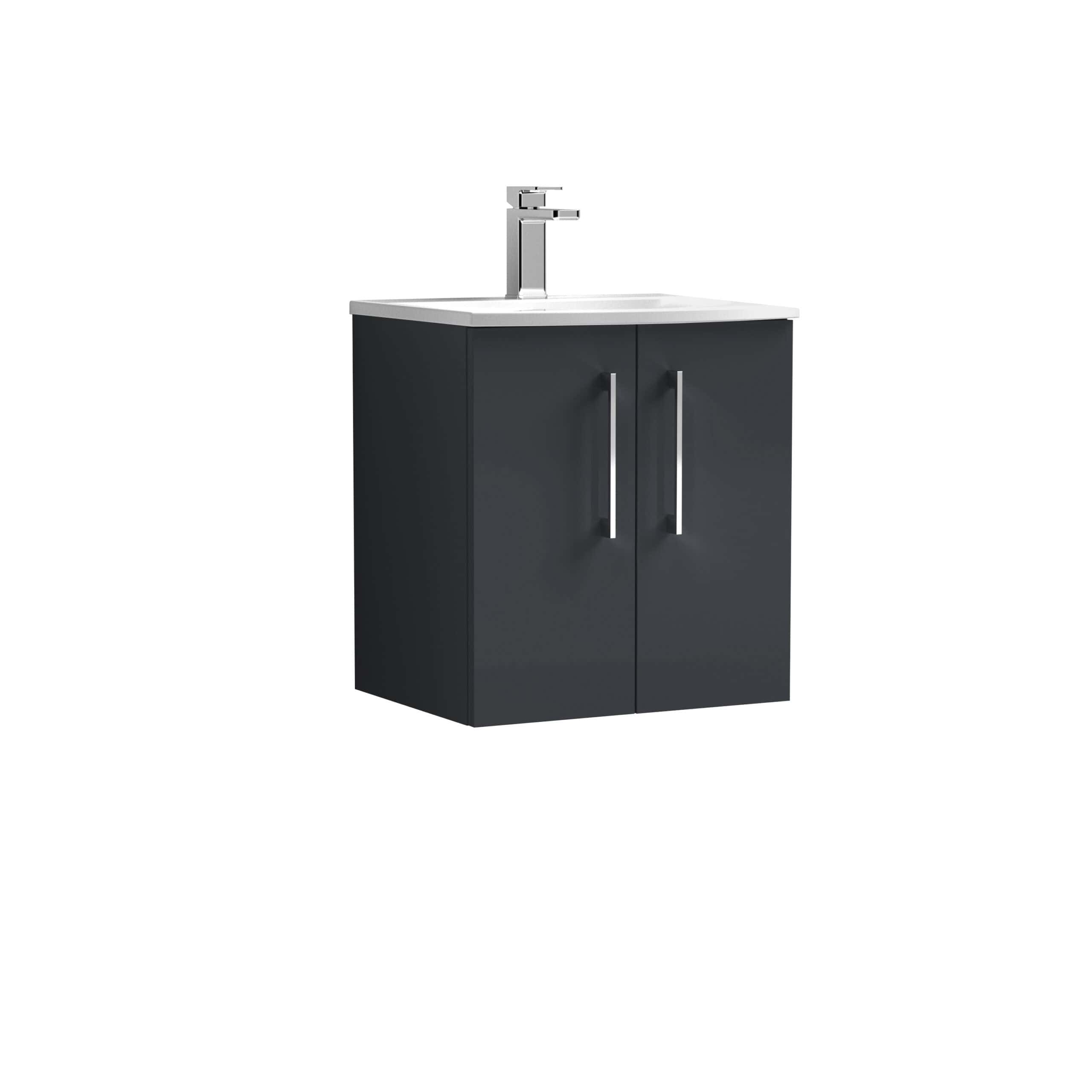 Modern bathroom vanity unit with black cabinetry and white countertop, featuring sleek silver handles and integrated sink with chrome faucet, ideal for contemporary bathrooms.