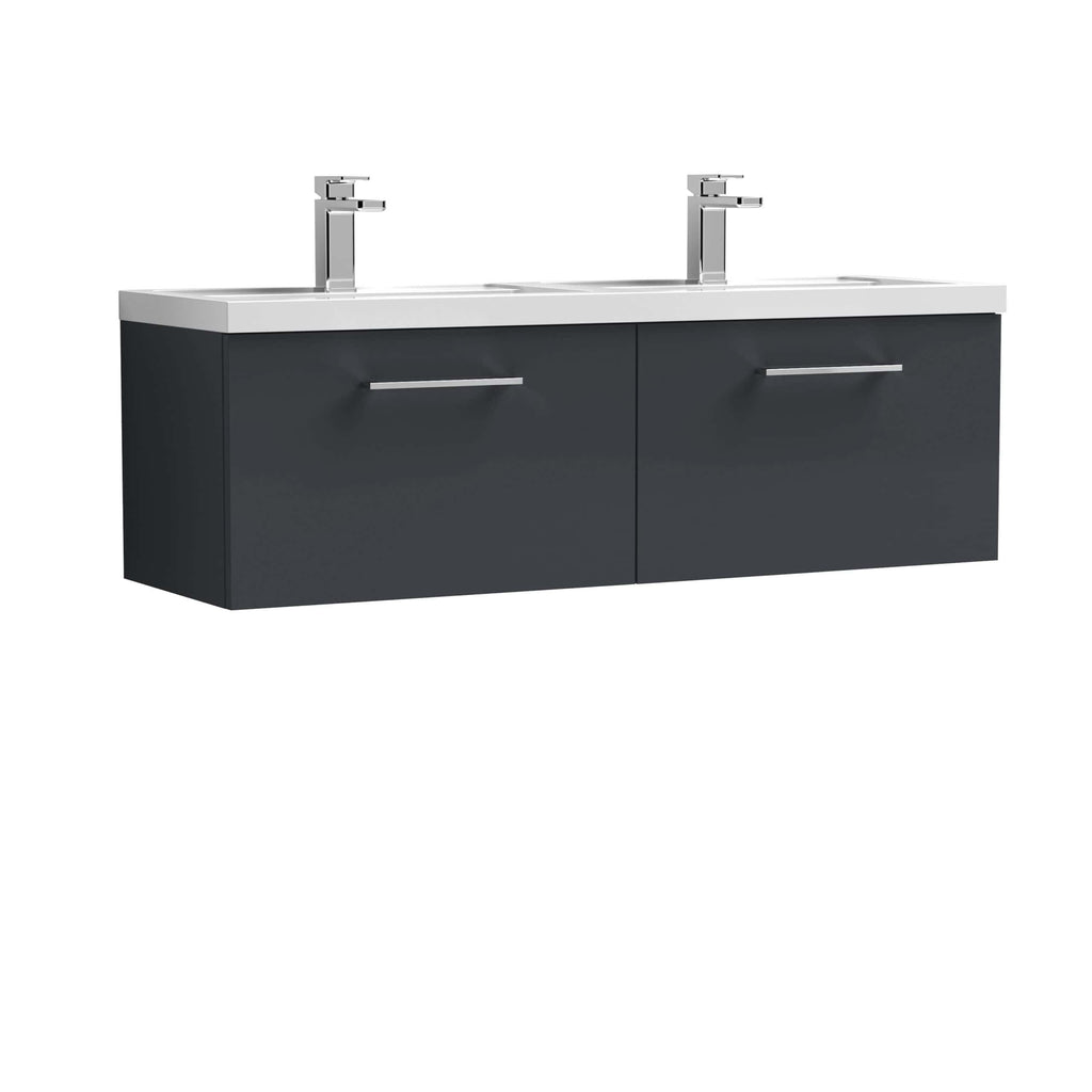 Modern double bathroom vanity unit with black finish and two sinks, ideal for contemporary bathrooms Bedroom or suite with sleek stainless steel handles for a stylish look.