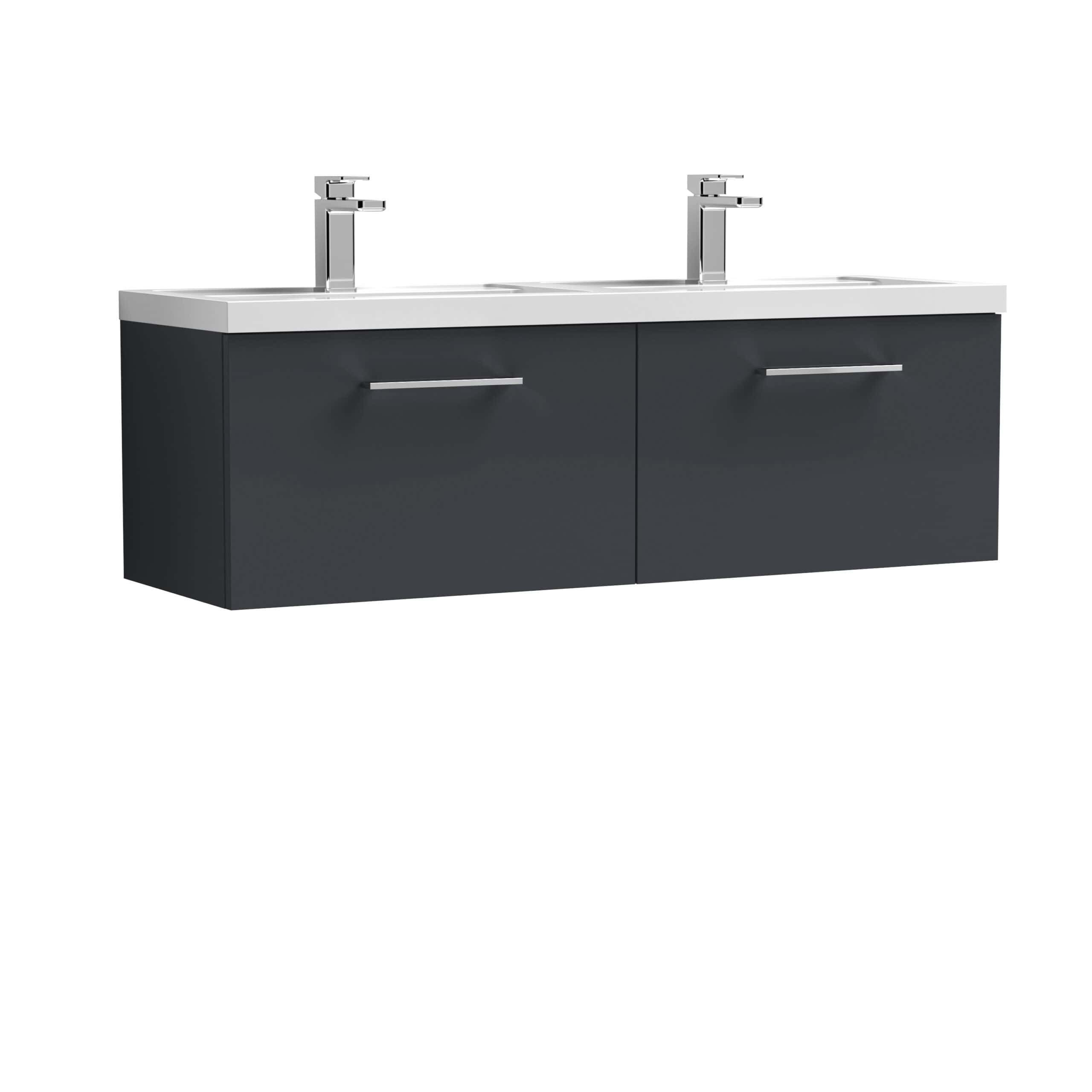 Modern double bathroom vanity unit with black finish and two sinks, ideal for contemporary bathrooms Bedroom or suite with sleek stainless steel handles for a stylish look.