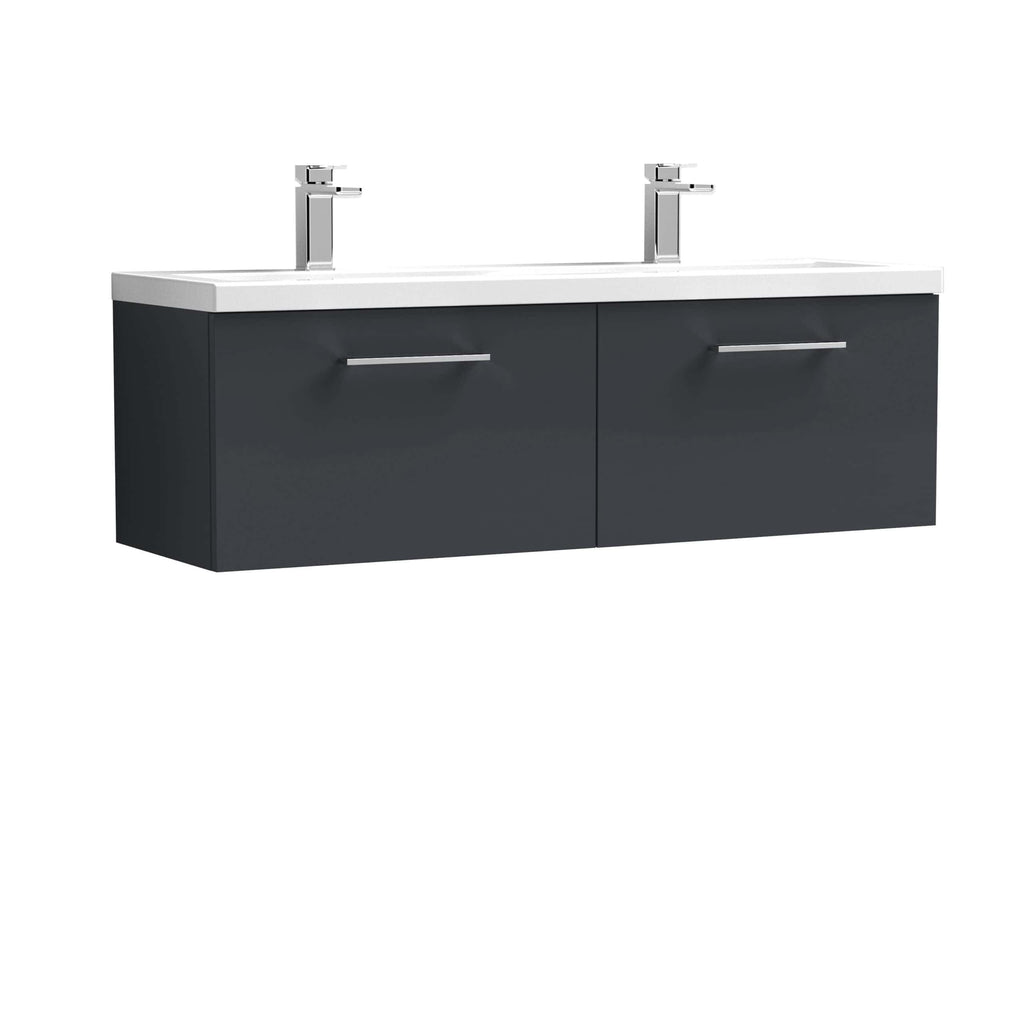 Contemporary double bathroom vanity with two undermount sinks, chrome faucets, and sleek dark grey cabinetry, perfect for modern bathrooms.