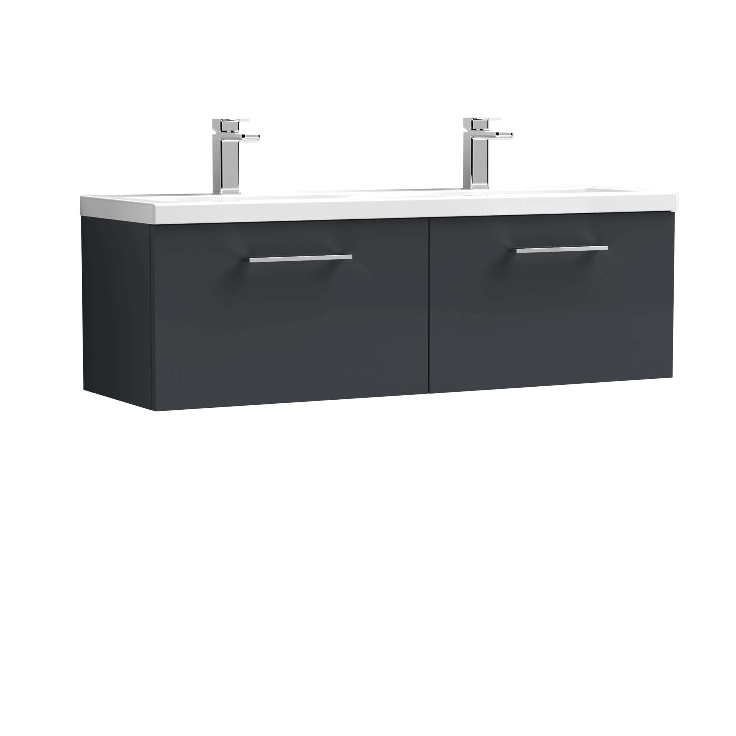 Contemporary double bathroom vanity with two undermount sinks, chrome faucets, and sleek dark grey cabinetry, perfect for modern bathrooms.