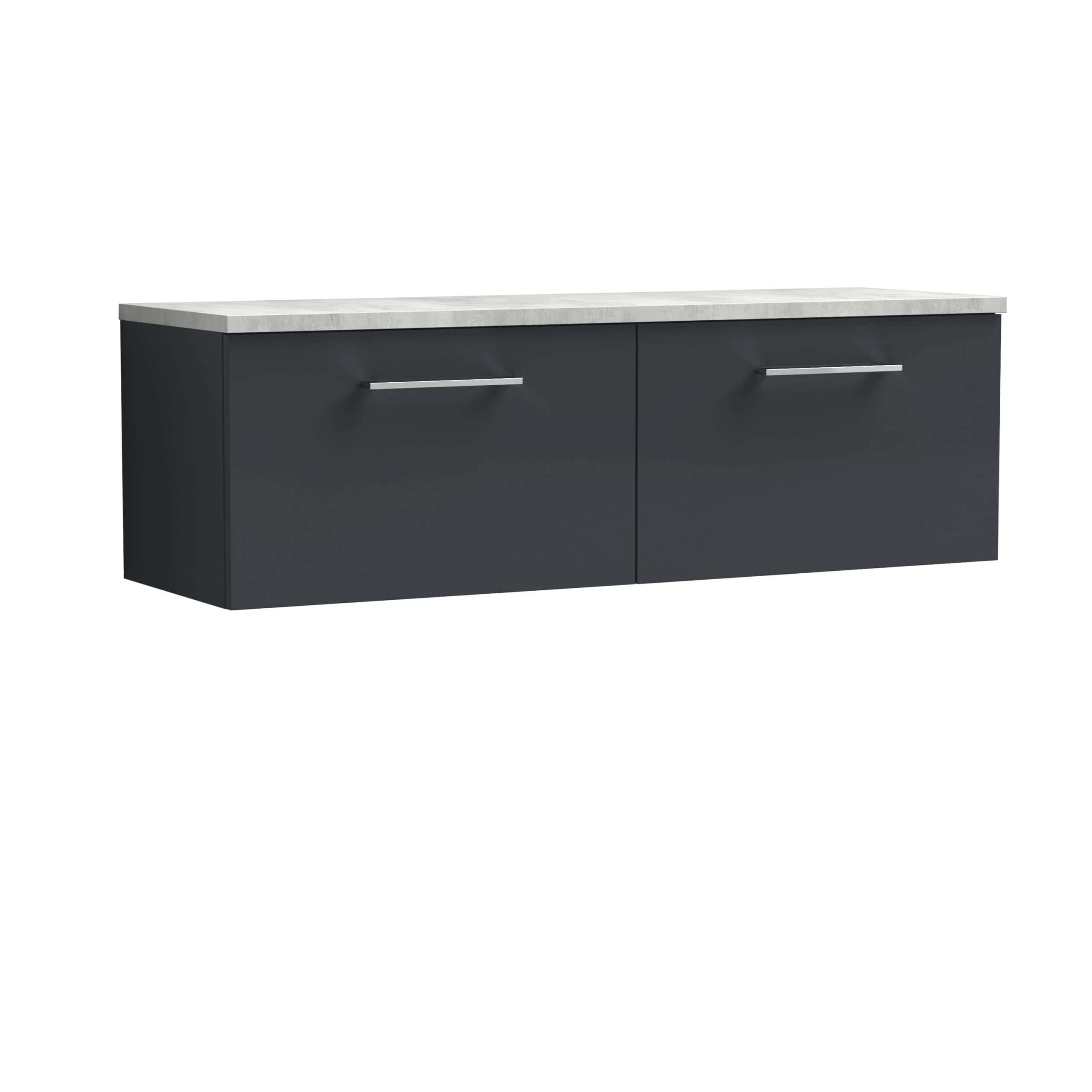 Sleek navy bathroom vanity with a white marble top, modern silver handles, and ample storage drawers, perfect for contemporary bathrooms.