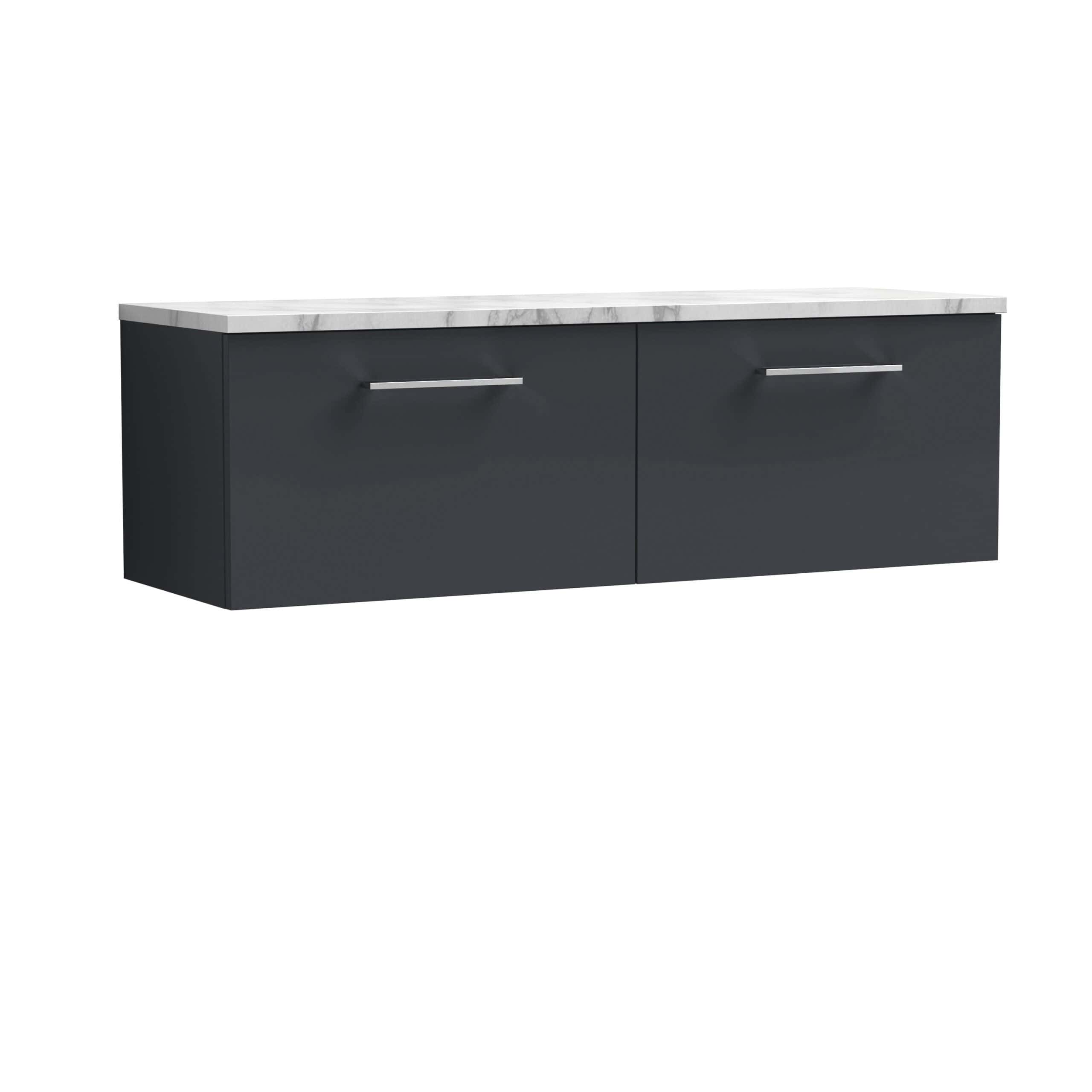 Sleek black bathroom vanity with a white marble top, modern silver handles, and ample storage space, perfect for contemporary bathroom designs.