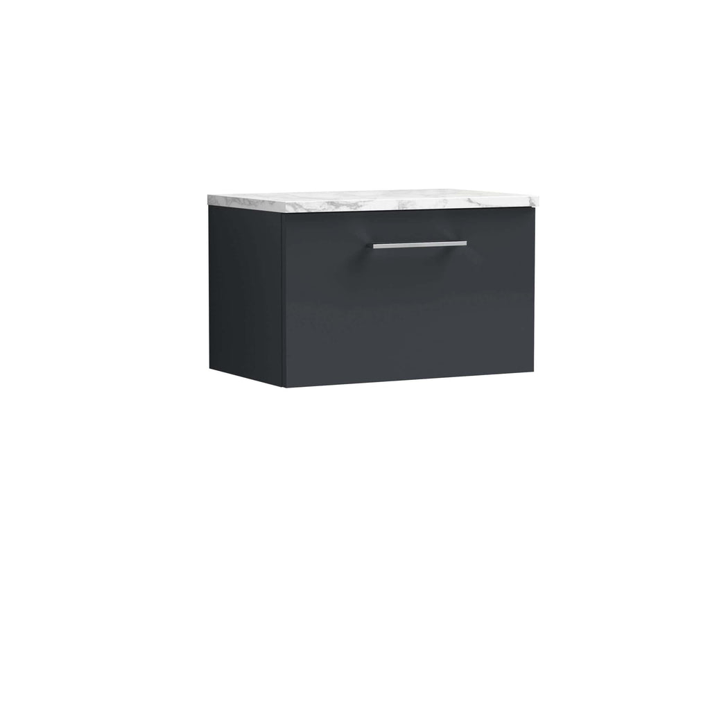 Sleek navy bathroom vanity with a white marble top, modern handle, and spacious storage cabinet ideal for contemporary bathroom designs.
