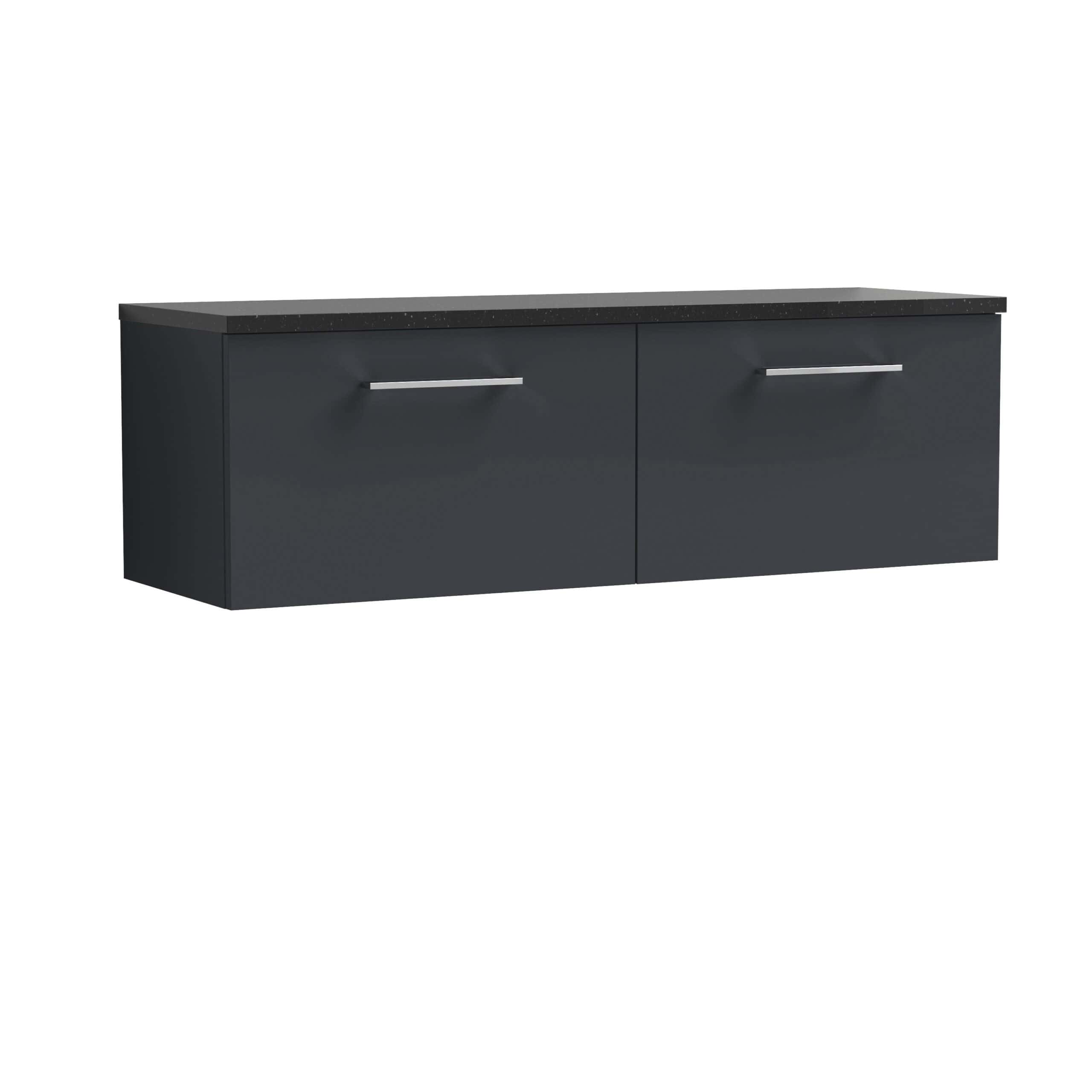 Modern black bathroom wall-mounted cabinet with sleek silver handles and a durable black countertop, ideal for contemporary bathroom storage solutions.