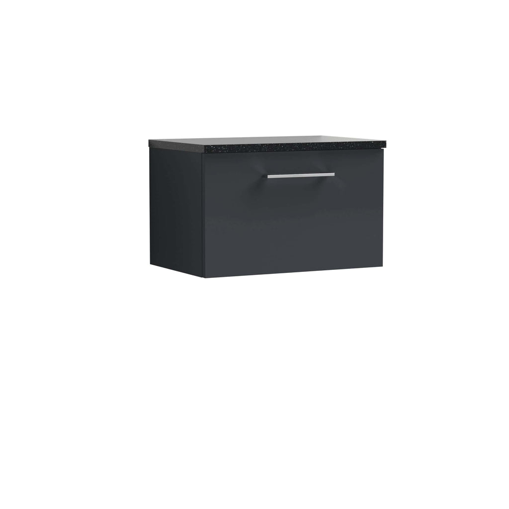 Sleek black bathroom cabinet with a durable countertop and modern handle, ideal for contemporary bathroom storage solutions. Perfect for organising essentials in style.
