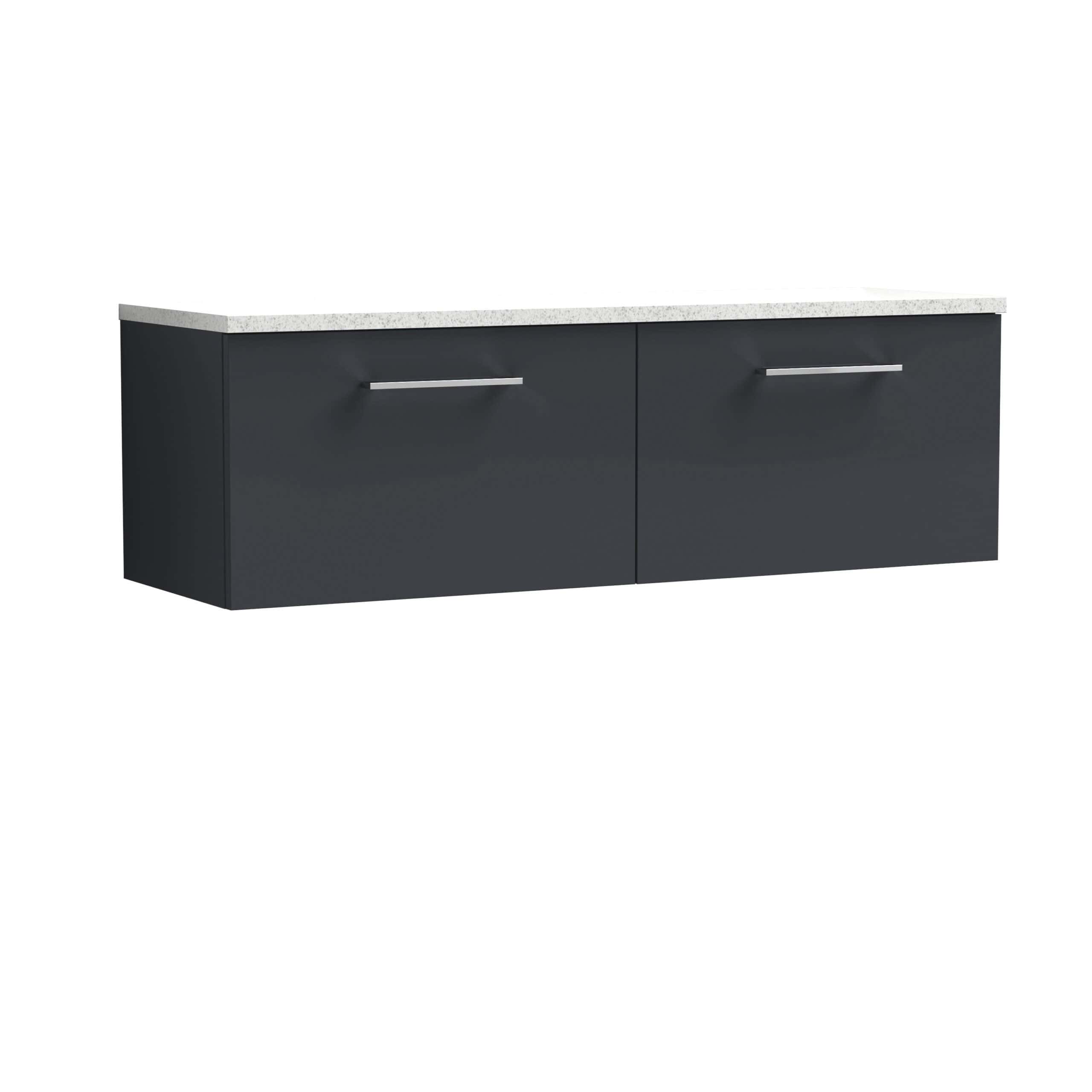 Sleek modern bathroom vanity unit with dark navy finish and silver handles, topped with a light speckled quartz worktop, ideal for contemporary bathroom renovations and storage solutions.