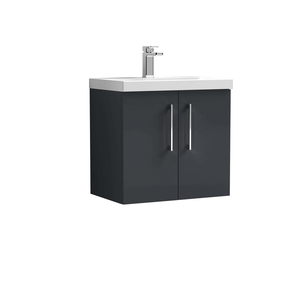 Sleek bathroom vanity cabinet with integrated sink and modern chrome tap, perfect for contemporary bathroom designs. Durable grey finish with double-door storage.