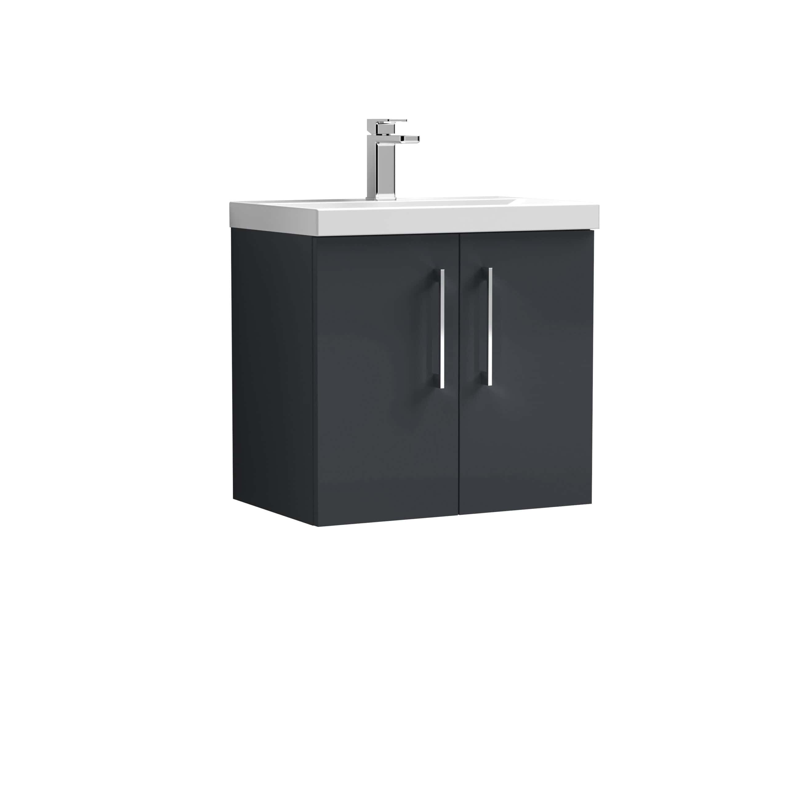 Sleek bathroom vanity cabinet with integrated sink and modern chrome tap, perfect for contemporary bathroom designs. Durable grey finish with double-door storage.
