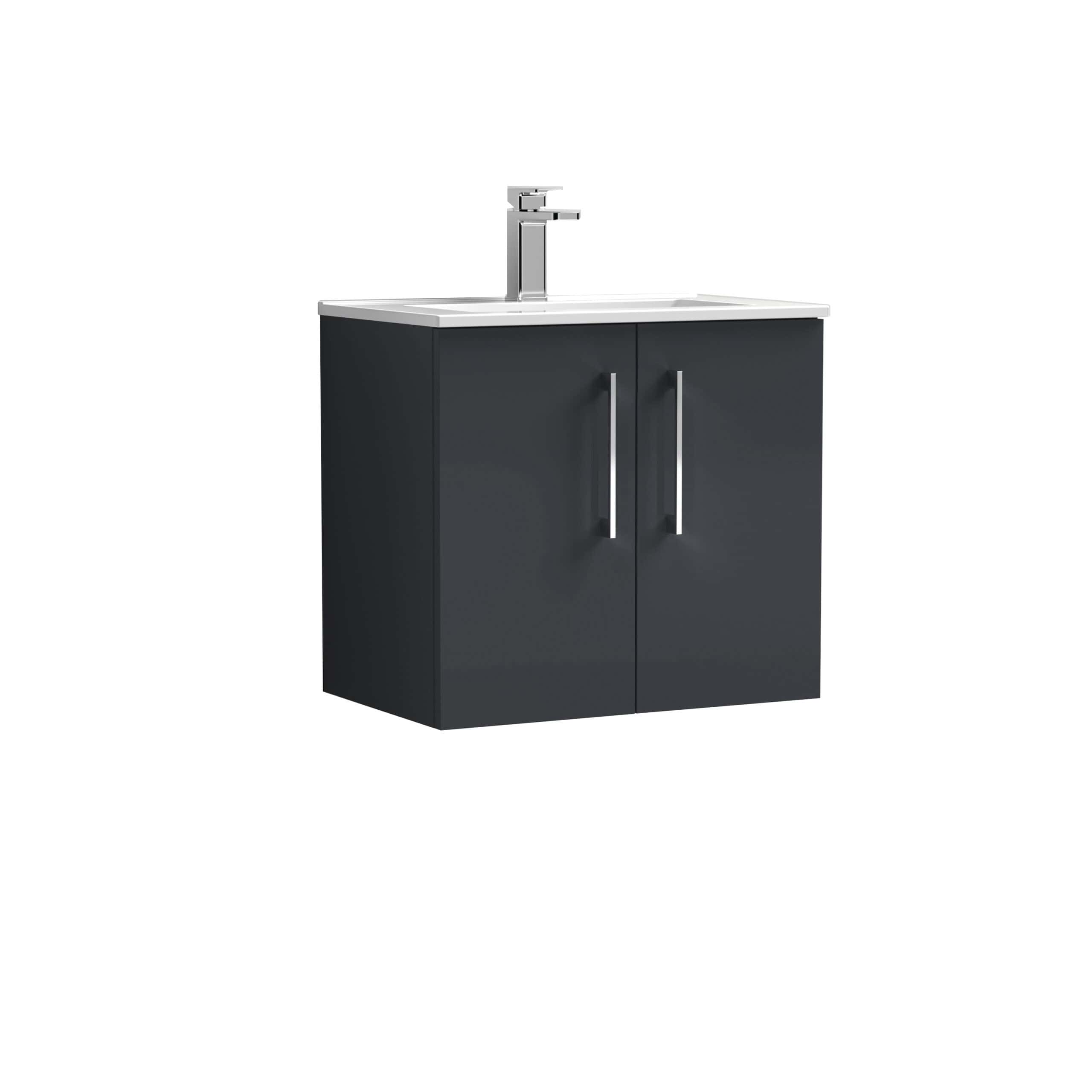 Sleek black bathroom vanity with integrated sink and modern chrome handles, ideal for contemporary bathroom interiors. Suitable for storage and stylish everyday use.