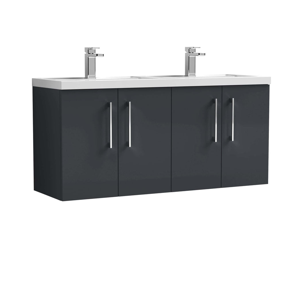 Modern grey bathroom vanity unit with two sinks, chrome handles, and sleek design for contemporary bathroom decor. Perfect for stylish and functional bathroom storage.