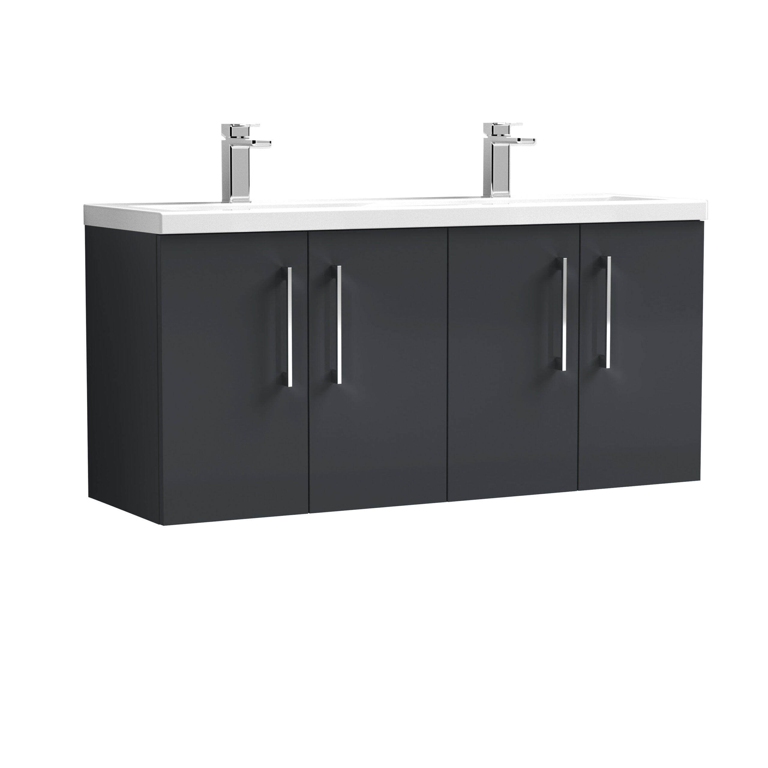 Modern double bathroom vanity with black cabinets, sleek silver handles, and integrated two sinks with chrome taps for contemporary bathroom design.