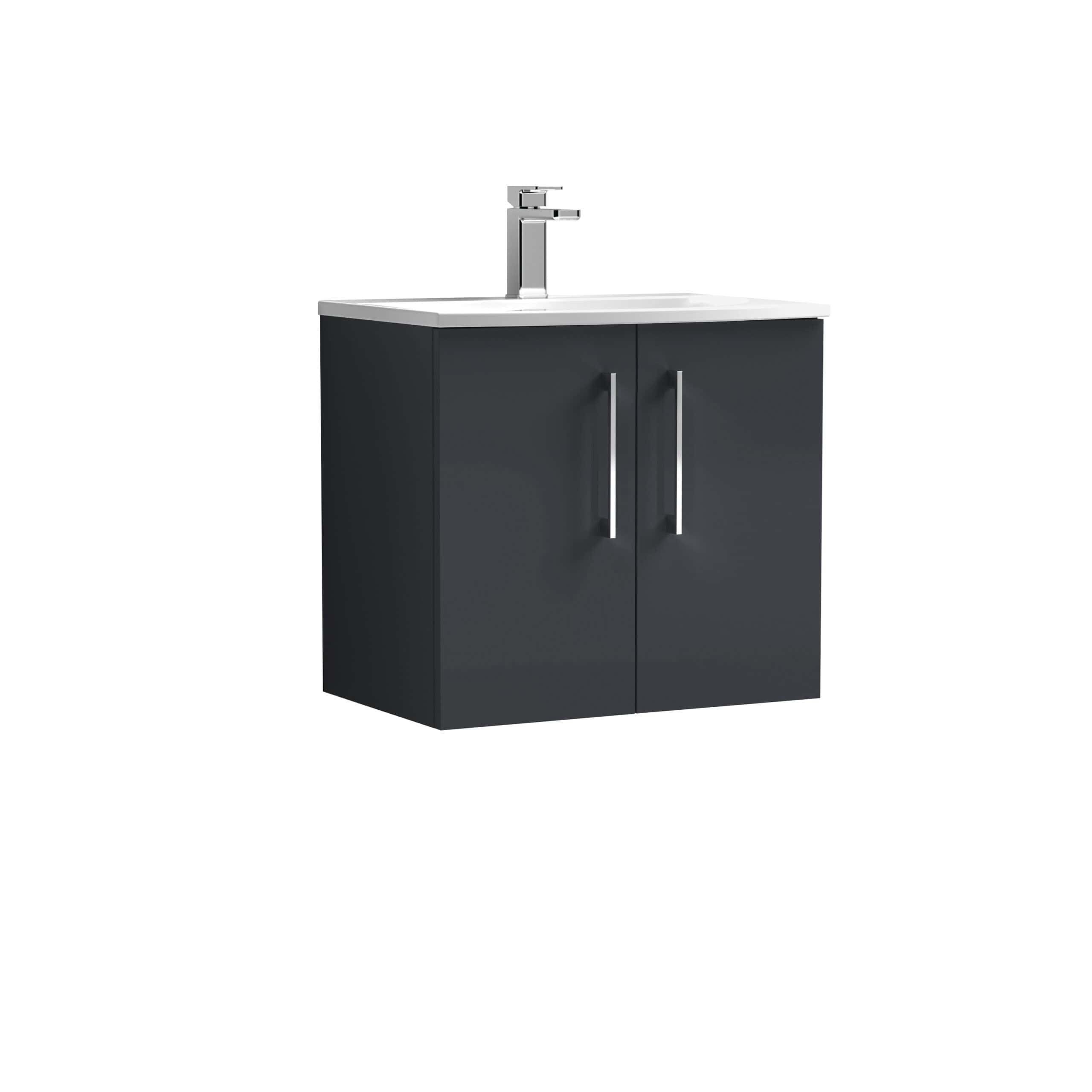 Modern black bathroom vanity with integrated sink and contemporary chrome faucet, ideal for stylish bathroom decor.