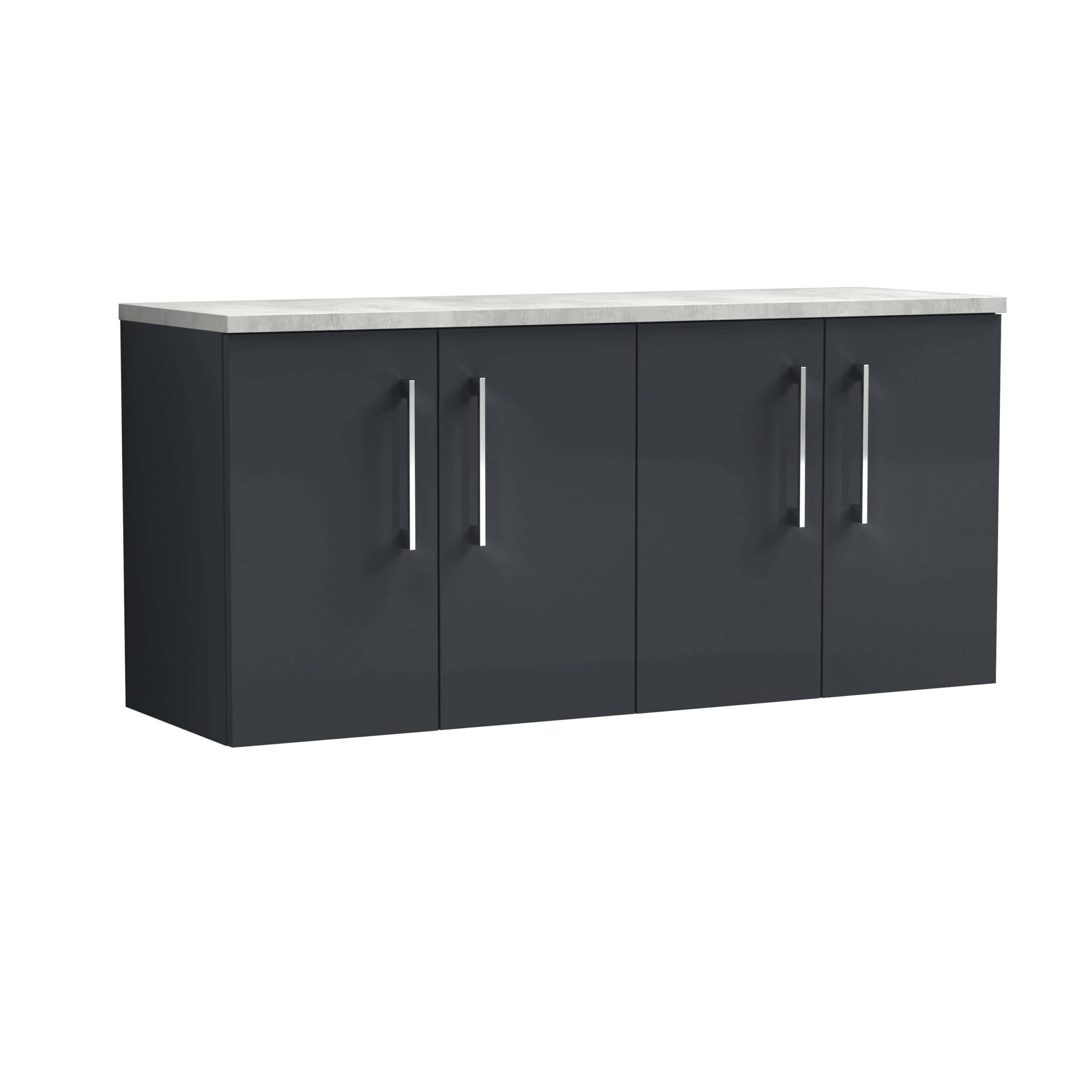Stylish navy blue bathroom vanity cabinet with sleek silver handles and a white marble top, ideal for modern bathroom storage solutions. Perfect for contemporary bathroom designs.