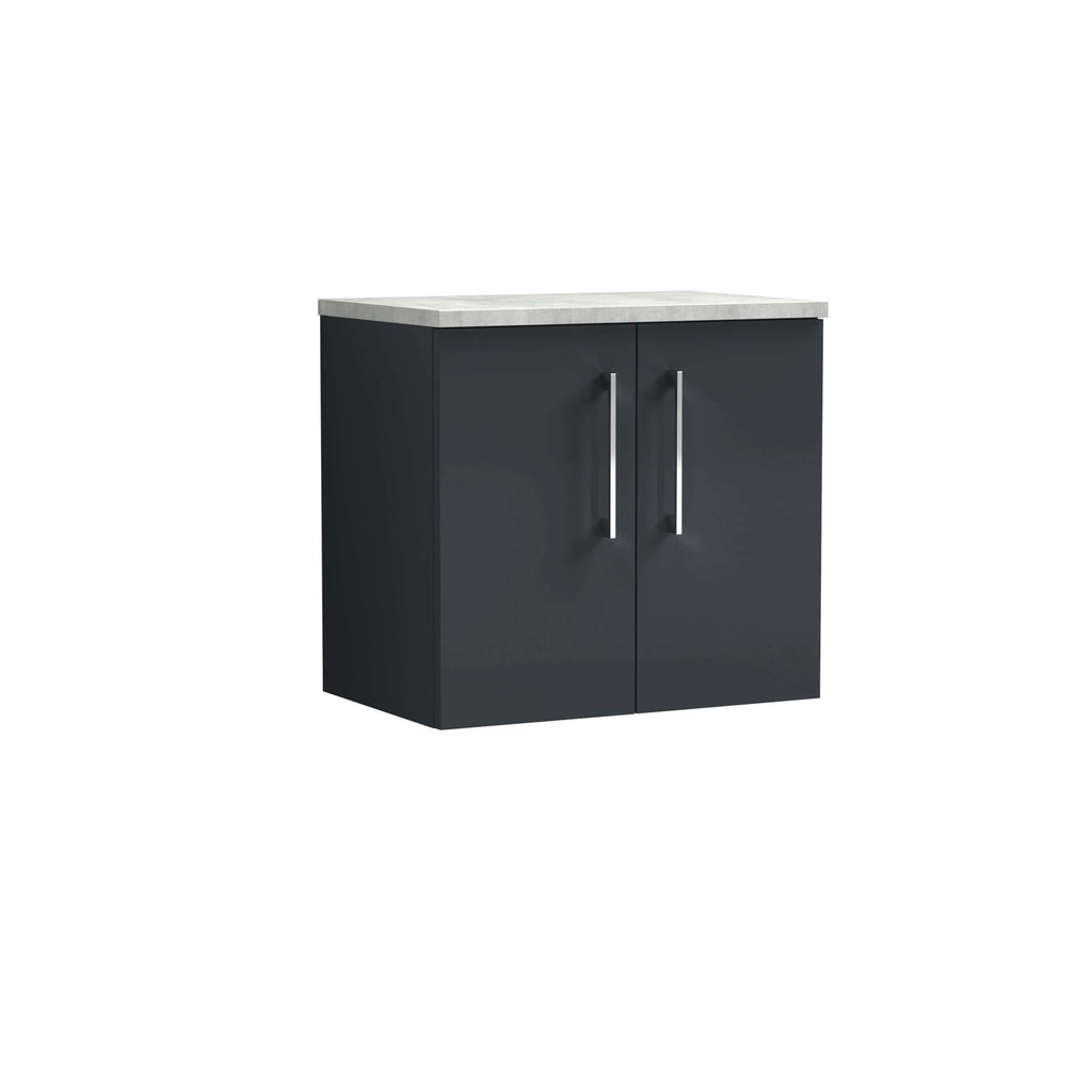 Modern black bathroom cabinet with sleek metal handles and a white countertop, ideal for bathroom storage solutions and contemporary decor.
