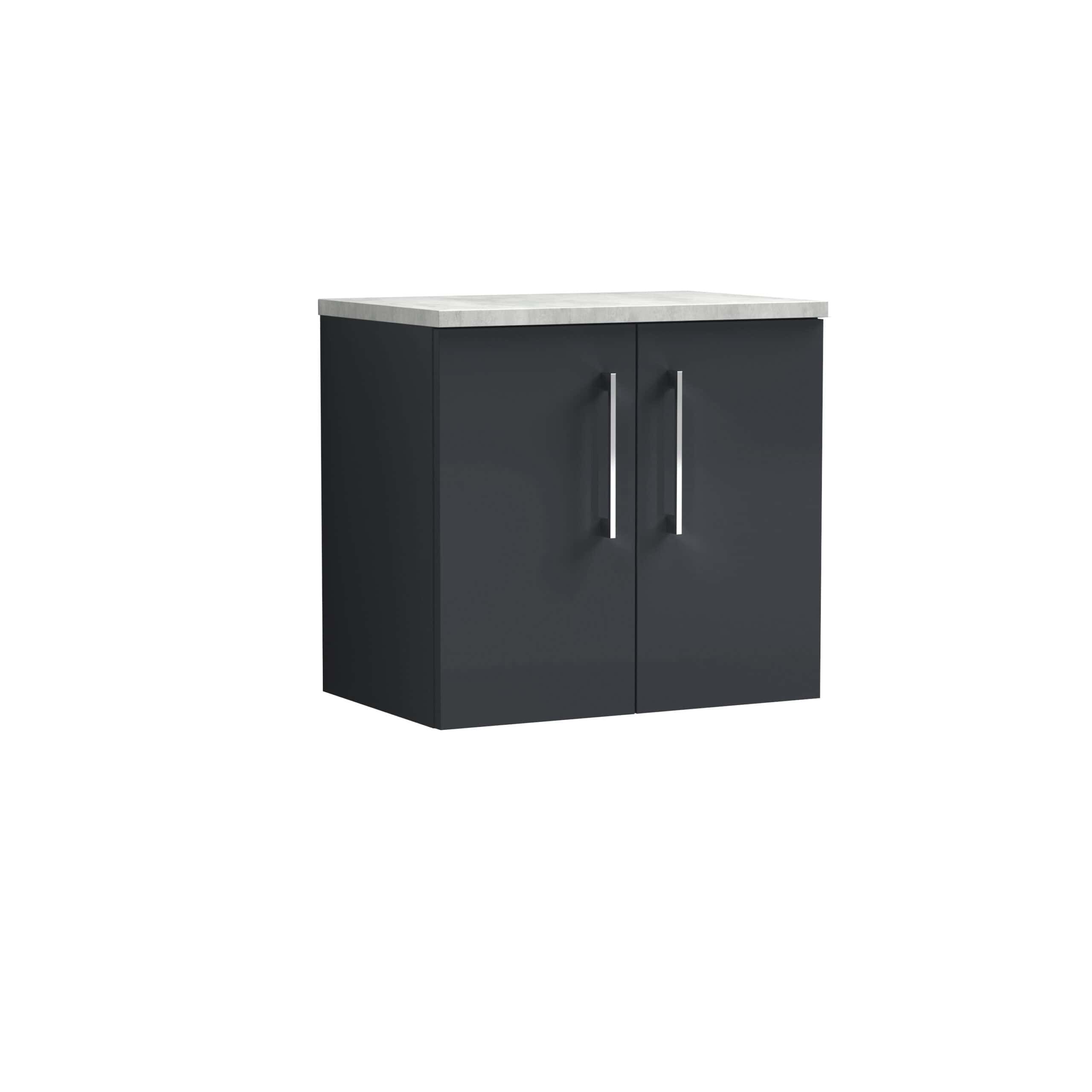 Modern black bathroom cabinet with sleek metal handles and a white countertop, ideal for bathroom storage solutions and contemporary decor.