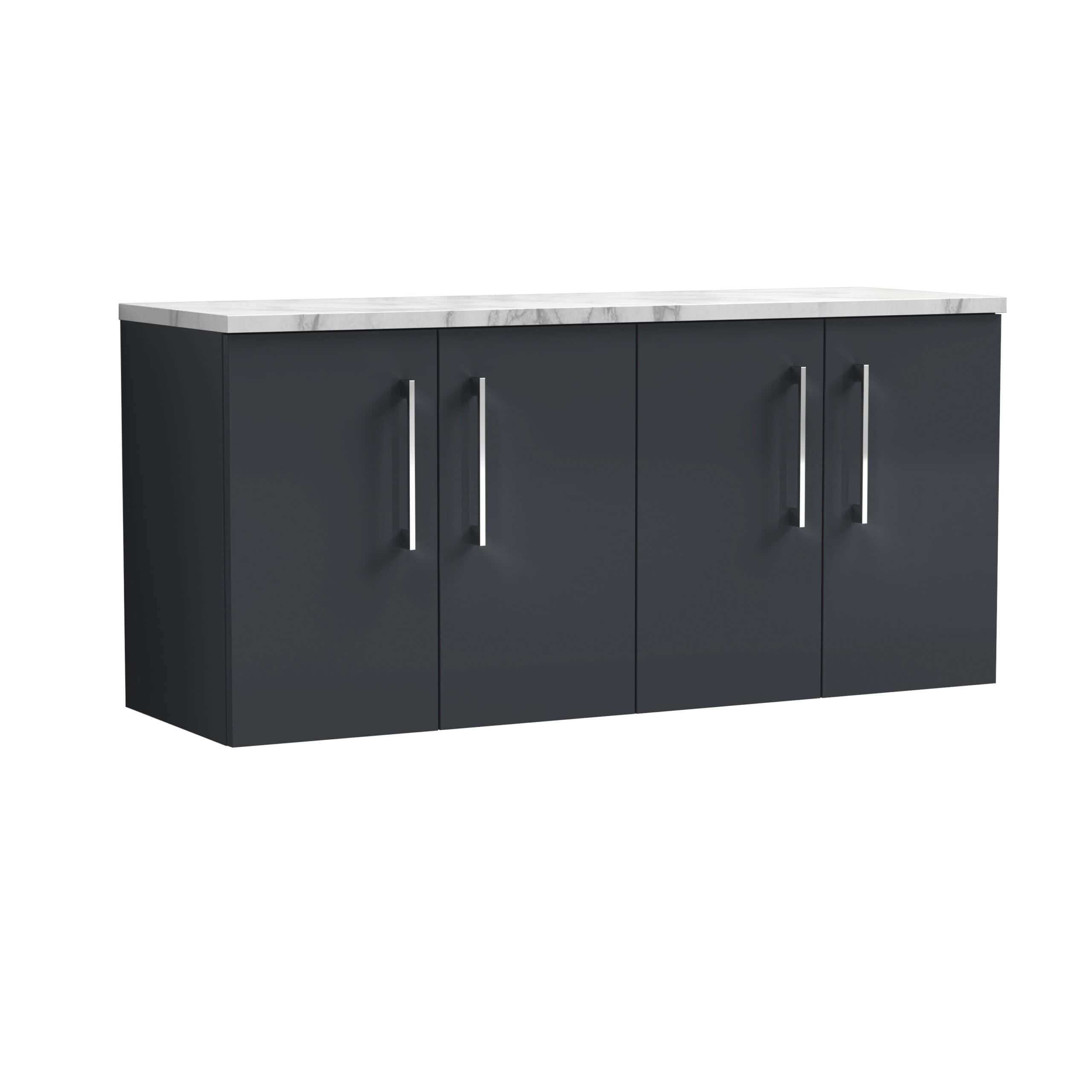 Sleek navy bathroom vanity unit with marble countertop, modern handles, and ample storage space, perfect for contemporary bathrooms.